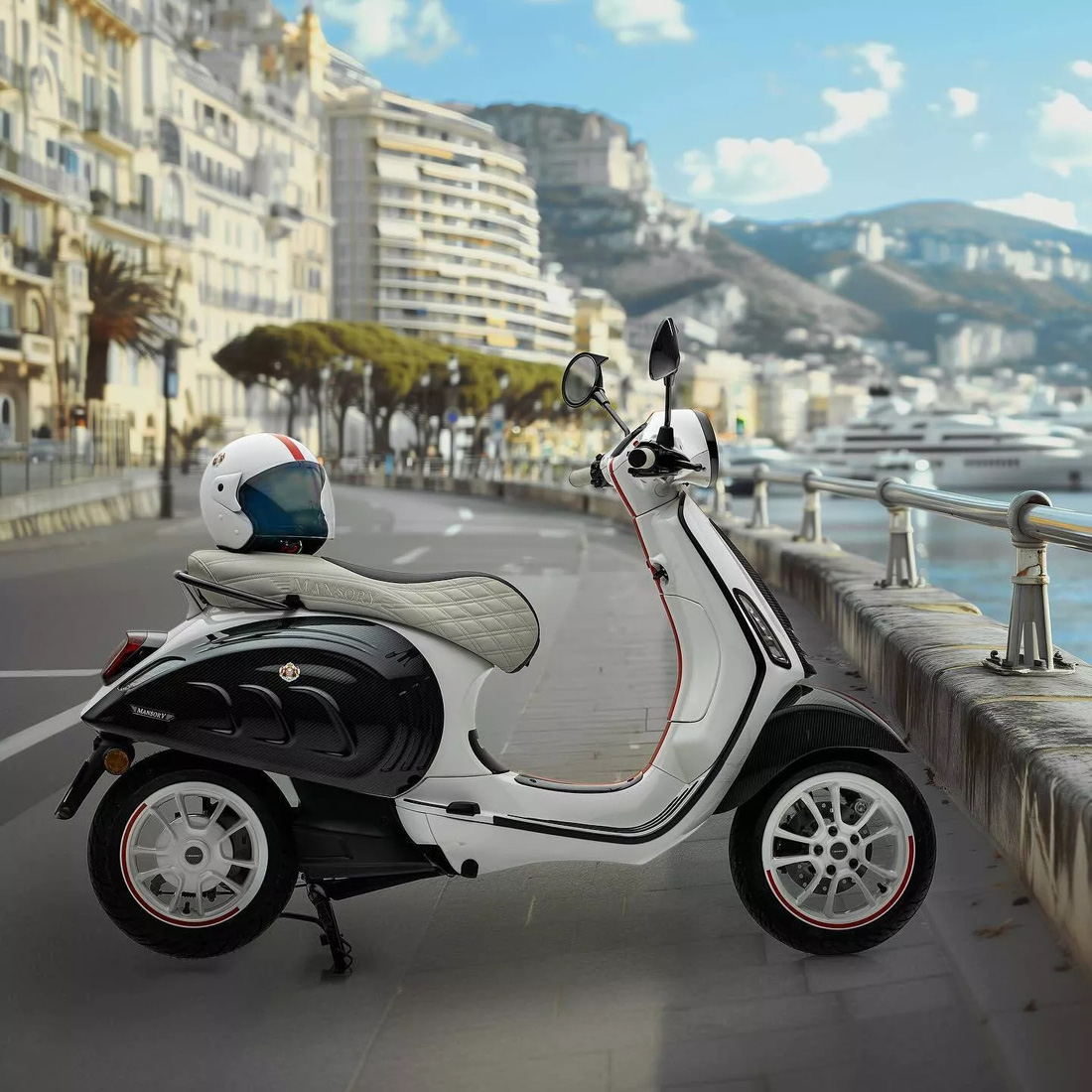 Đúng như tên gọi, Vespa Elettrica Monaco Edition được thiết kế với nhiều chi tiết sợi carbon hơn hẳn phong cách đặc trưng của thương hiệu xe tay ga nước Ý - Ảnh: Mansory