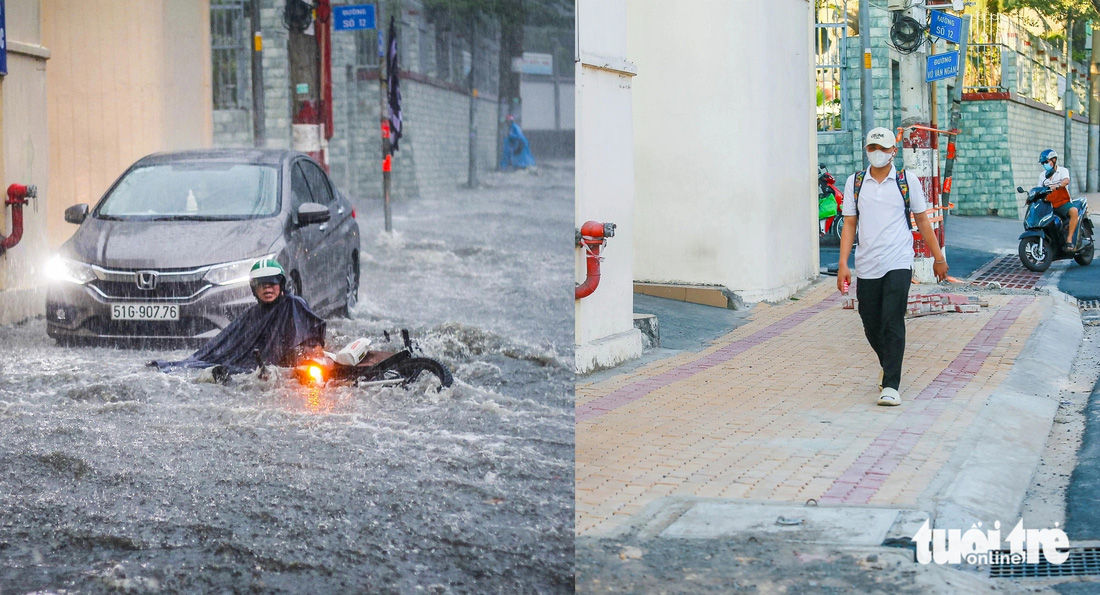 Đường Võ Văn Ngân từ một nơi là rốn ngập của TP Thủ Đức, thời gian qua đã thoát nước tốt hơn, hệ thống đường ống được xây dựng cơ bản hoàn thiện (bên trái là trong một trận mưa vào tháng 5-2021, còn bên phải là hiện tại) - Ảnh: CHÂU TUẤN
