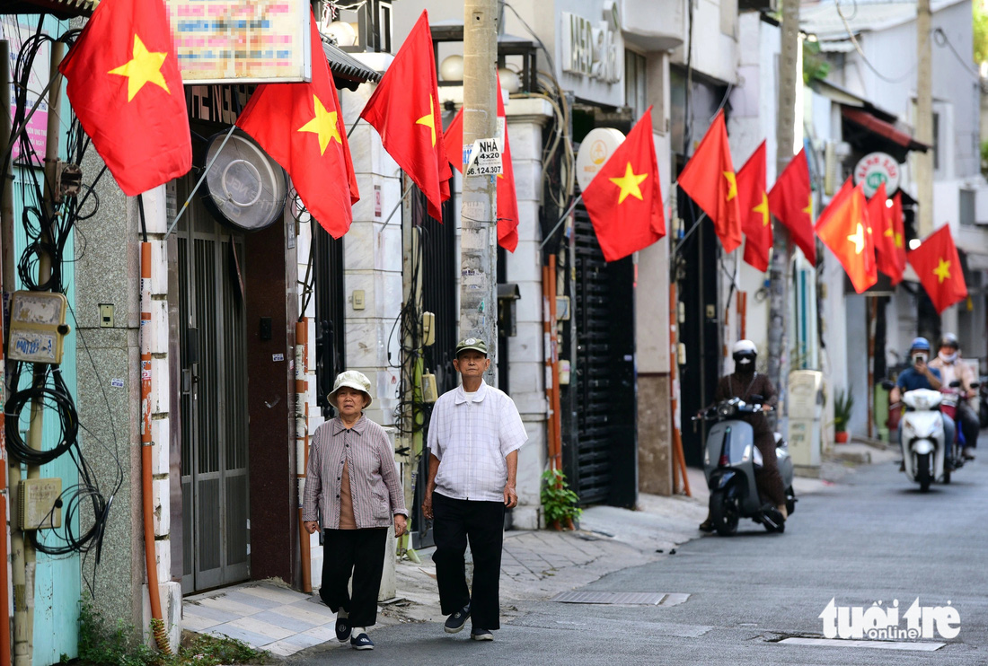 Hẻm Đinh Công Tráng (Q.1, TP.HCM) rợp cờ đỏ sao vàng - Ảnh: DUYÊN PHAN 