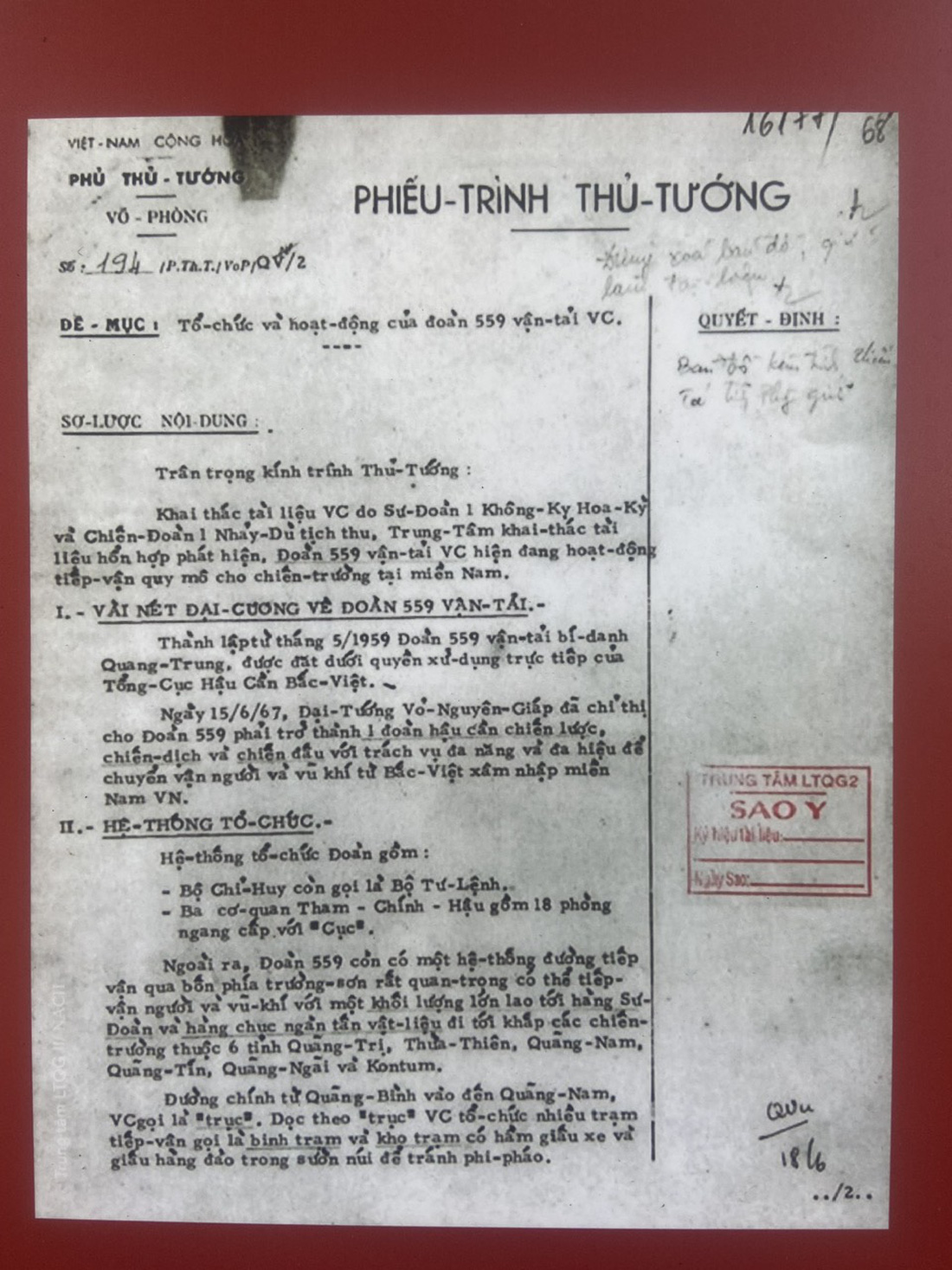 Tài liệu của Chính phủ Việt Nam Cộng hòa về tổ chức và hoạt động của Đoàn 559, năm 1967