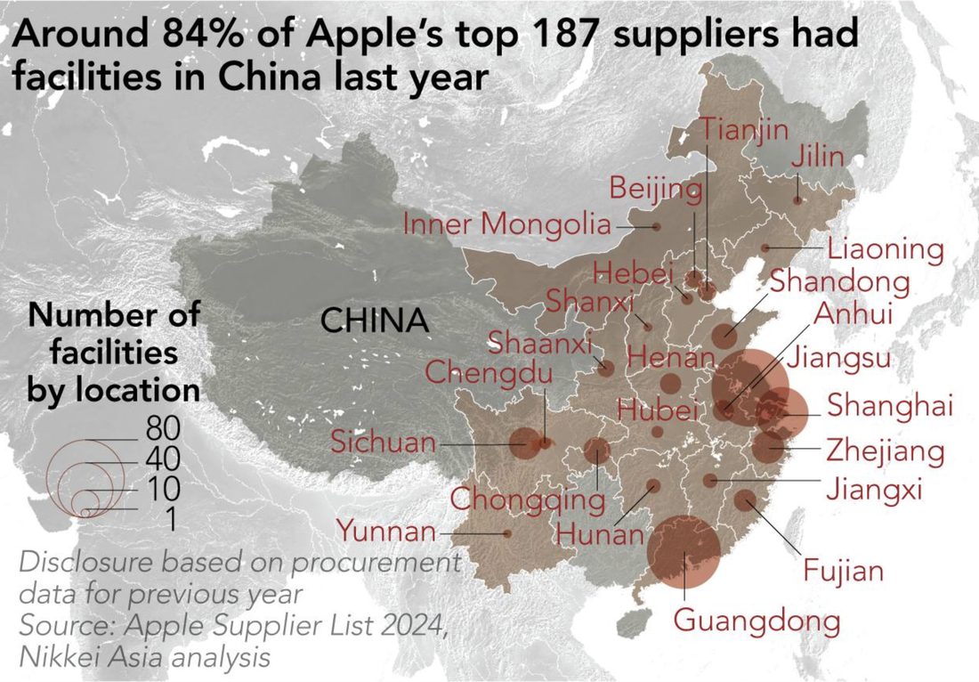 Các nhà cung cấp cho Apple tại Trung Quốc đại lục năm 2023 - Ảnh chụp màn hình Nikkei Asia