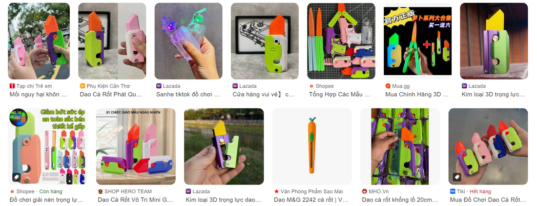 Loại đồ chơi "dao cà rốt" được bán đầy trên các trang mạng - Ảnh: Chụp màn hình