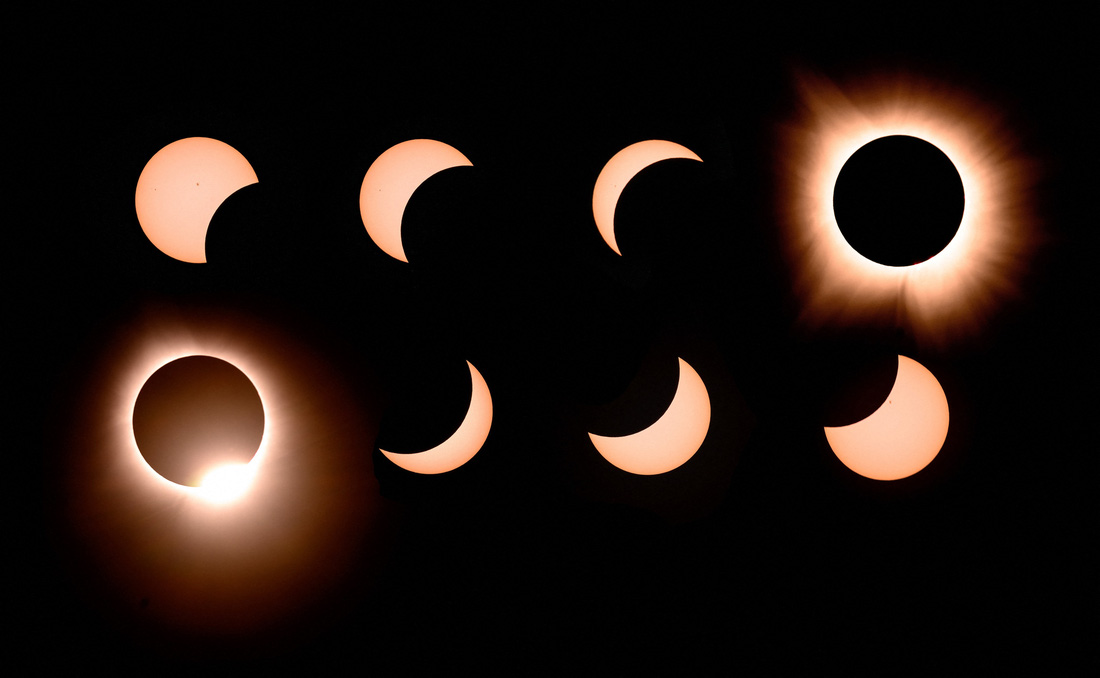 Các thời điểm của nhật thực toàn phần trên bầu trời thành phố Bloomington, bang Indiana, Mỹ - Ảnh: AFP/TTXVN