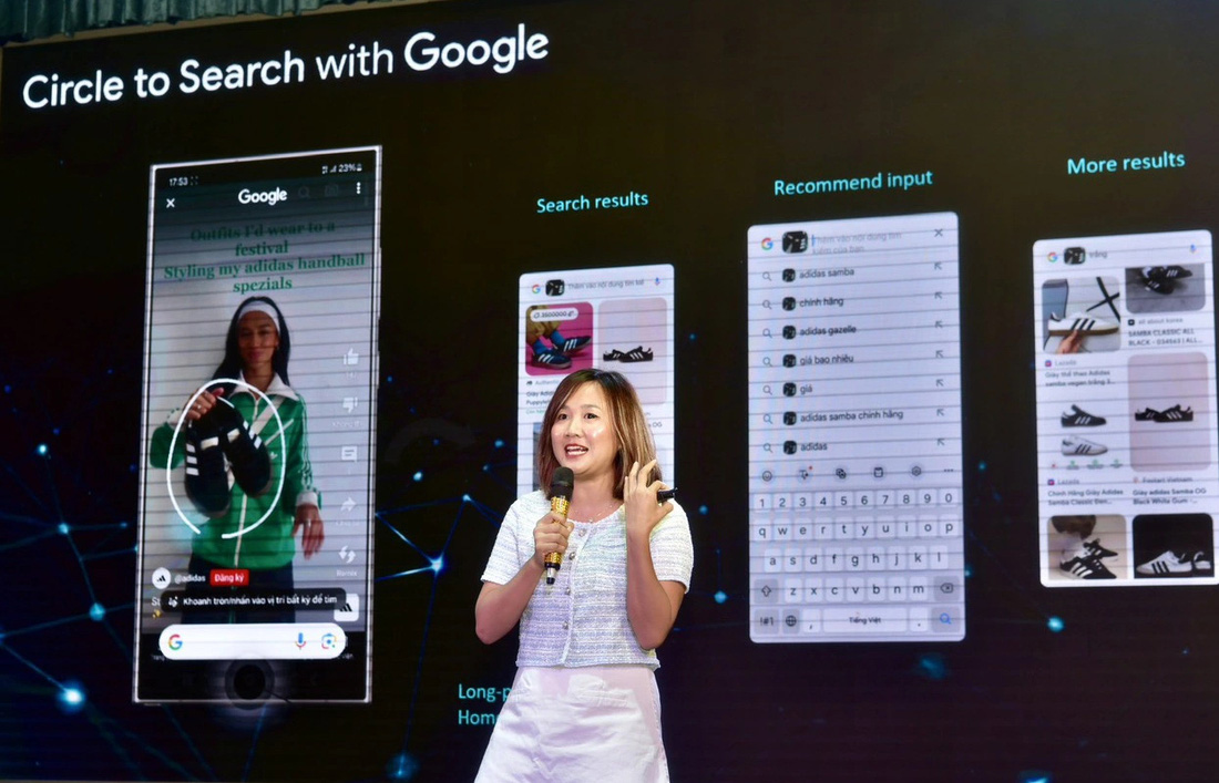 Bà Trương Mỹ Thy (Samsung) giới thiệu tính năng Circle to Search trên điện thoại thông minh của Galaxy AI - Ảnh: T.T.D.
