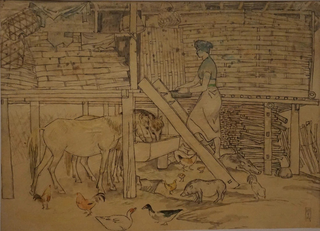 Ký họa màu nước Cho ngựa ăn Tô Ngọc Vân vẽ trên đường lên mặt trận Điện Biên Phủ - Ảnh: T.ĐIỂU
