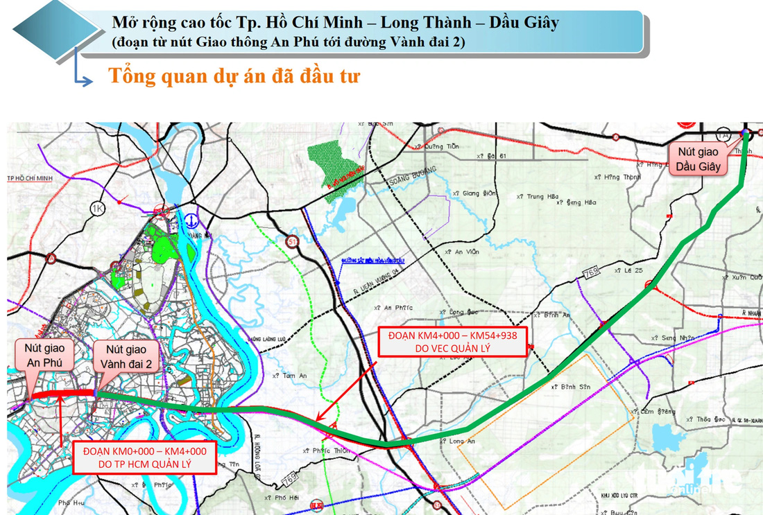 Vị trí cao tốc TP.HCM - Long Thành - Dầu Giây, đoạn từ nút giao An Phú đến nút giao Dầu Giây (đường lớn màu xanh lá) - Ảnh: Sở Giao thông vận tải TP.HCM 