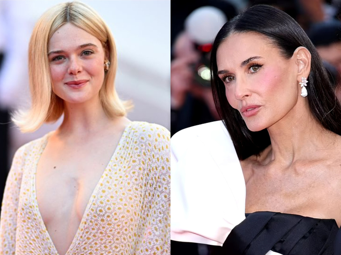 Elle Fanning (trái) và Demi Moore nổi bật trên thảm đỏ bế mạc Cannes 2024 