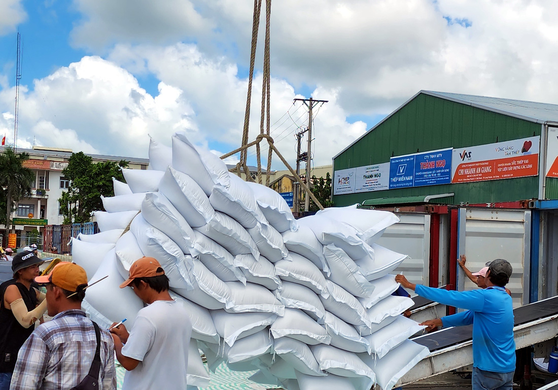 Doanh nghiệp đưa gạo lên phương tiện vận chuyển để xuất khẩu - Ảnh: BỬU ĐẤU