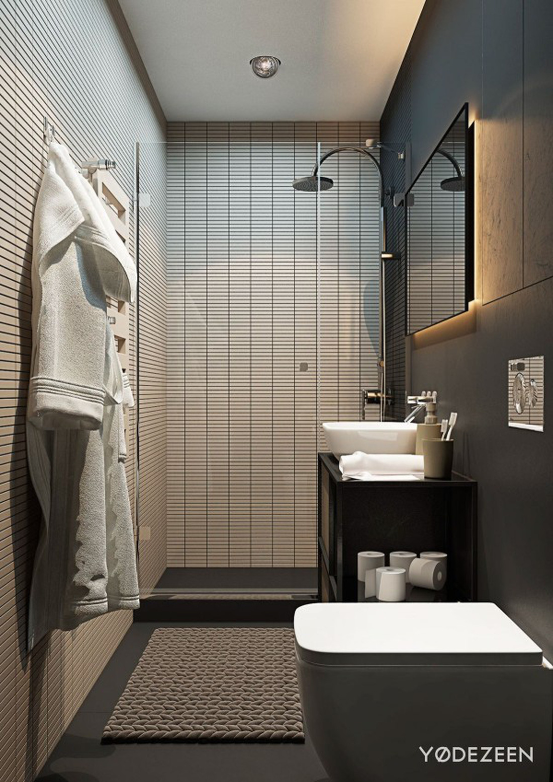 Phòng tắm có cảm giác rộng hơn với gạch lát kẻ sọc ngang đồng nhất - Ảnh: YØ DEZEEN