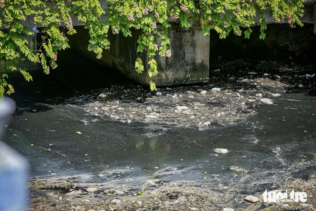 Nước kênh bị ô nhiễm có màu đen đặc quánh, sủi bọt - Ảnh: CHÂU TUẤN