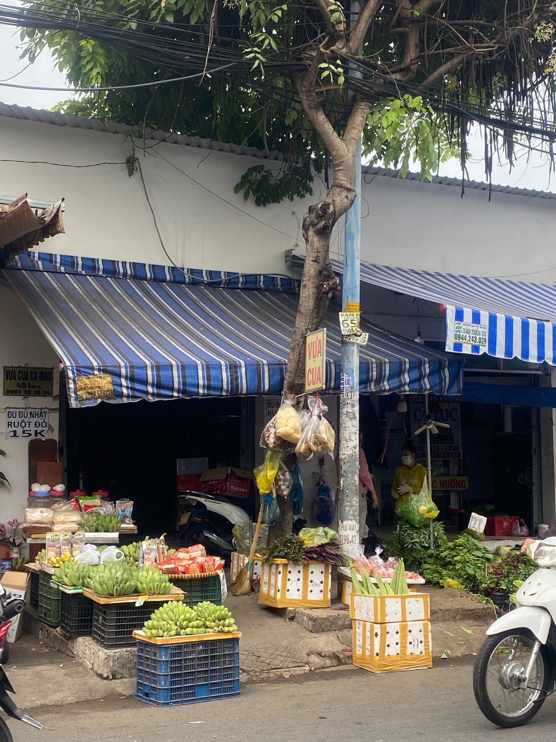 Treo rau củ trên cây đế bán ở khu vực chợ ngã tư Bốn Xã, đường Hương lộ 2, quận Bình Tân - Ảnh: HỒNG ĐIỆP