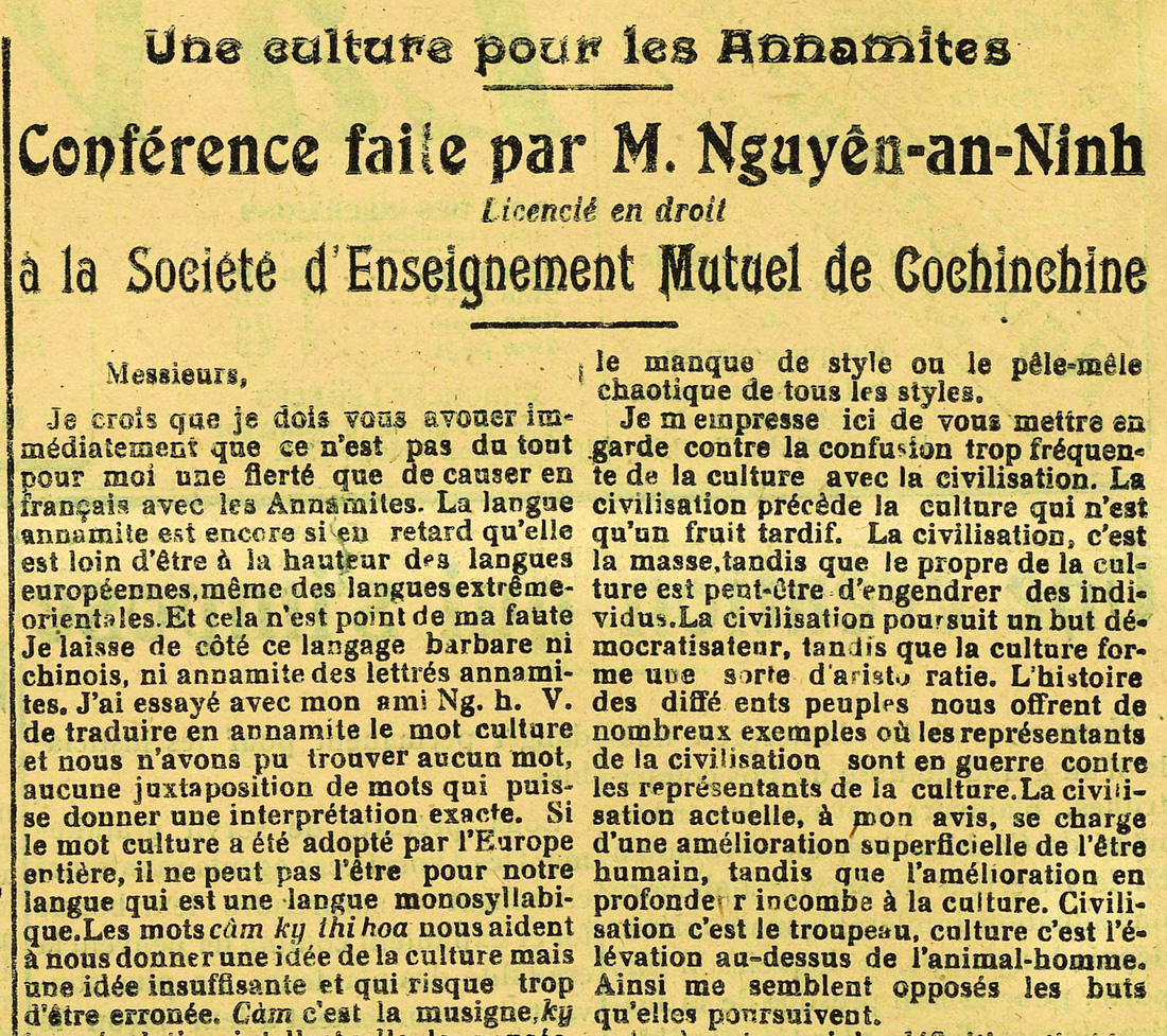 Nội dung bài diễn thuyết bằng tiếng Pháp đăng trên tờ La voix Annamite, số ra ngày 2-2-1923. Nguồn: Thư viện Quốc gia Pháp