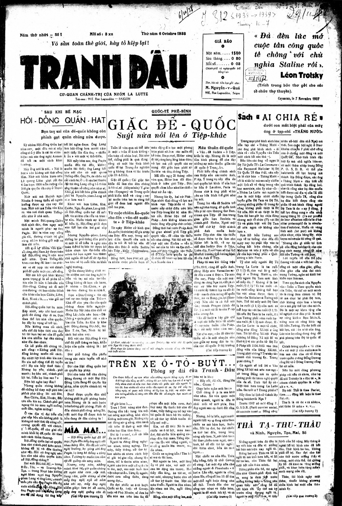 Trang đầu tờ Tranh đấu phiên bản quốc ngữ (số đầu tiên, ra ngày 6.10.1938). Nguồn: CRL