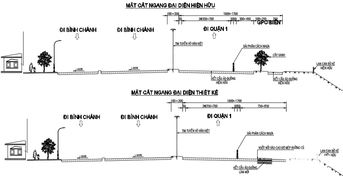 Chiều ngang và hiện trạng đường Võ Văn Kiệt trước và sau khi được cải tạo (từ trên xuống) - Ảnh: Trung tâm Quản lý điều hành giao thông đô thị TP.HCM