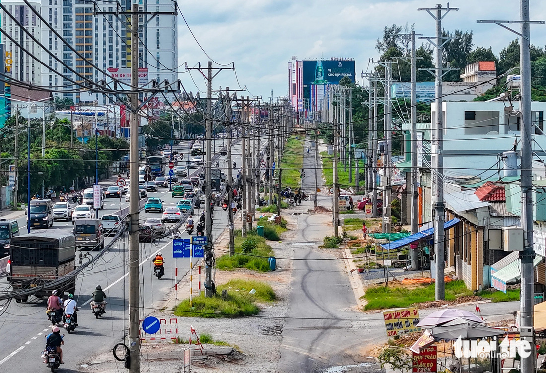 Trụ điện cũ mới chằng chịt dọc quốc lộ 13 (đoạn qua tỉnh Bình Dương) - Ảnh: CHÂU TUẤN