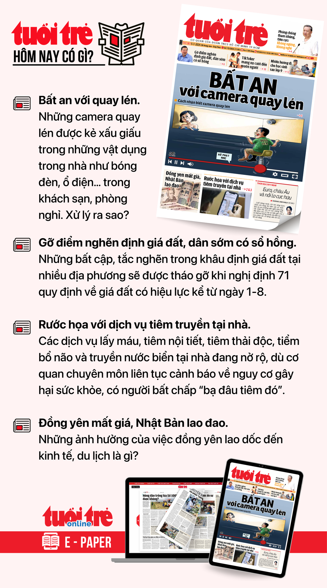 Tin tức chính trên Tuổi Trẻ nhật báo hôm nay 5-7. Để đọc Tuổi Trẻ báo in phiên bản E-paper, mời bạn đăng ký Tuổi Trẻ Sao TẠI ĐÂY