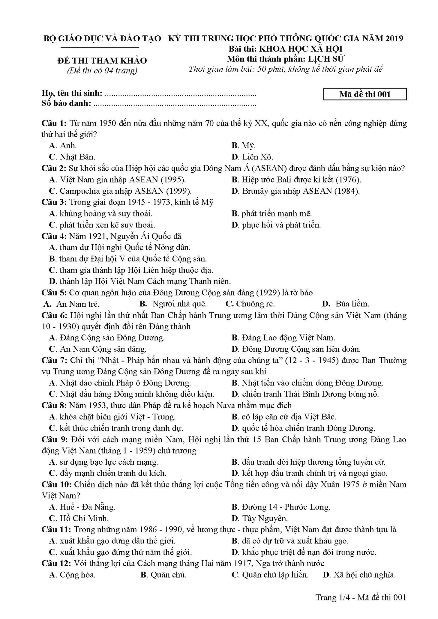 Đề tham khảo thi THPT quốc gia 2019 môn sử - Ảnh 1.