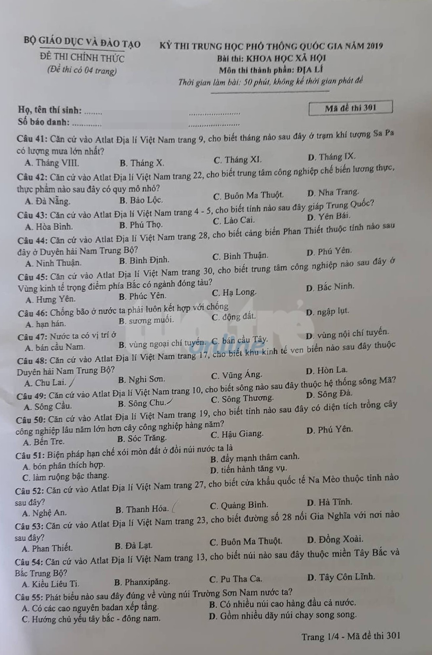 Đáp án môn địa lý THPT quốc gia 2019 - Ảnh 9.