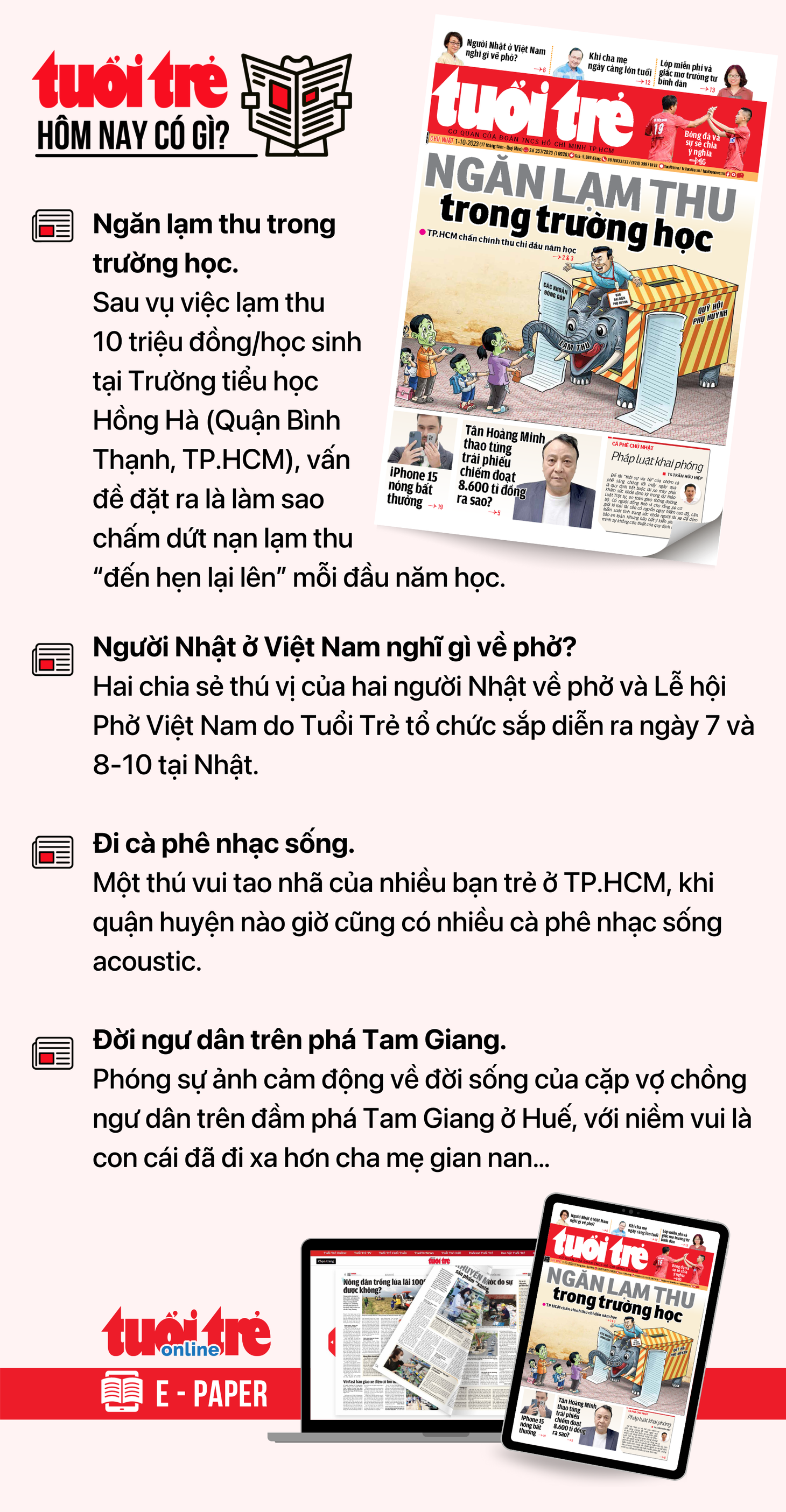 Tin tức chính trên Tuổi Trẻ nhật báo hôm nay 1-10. Để đọc Tuổi Trẻ báo in phiên bản E-paper, mời bạn đăng ký Tuổi Trẻ Sao TẠI ĐÂY