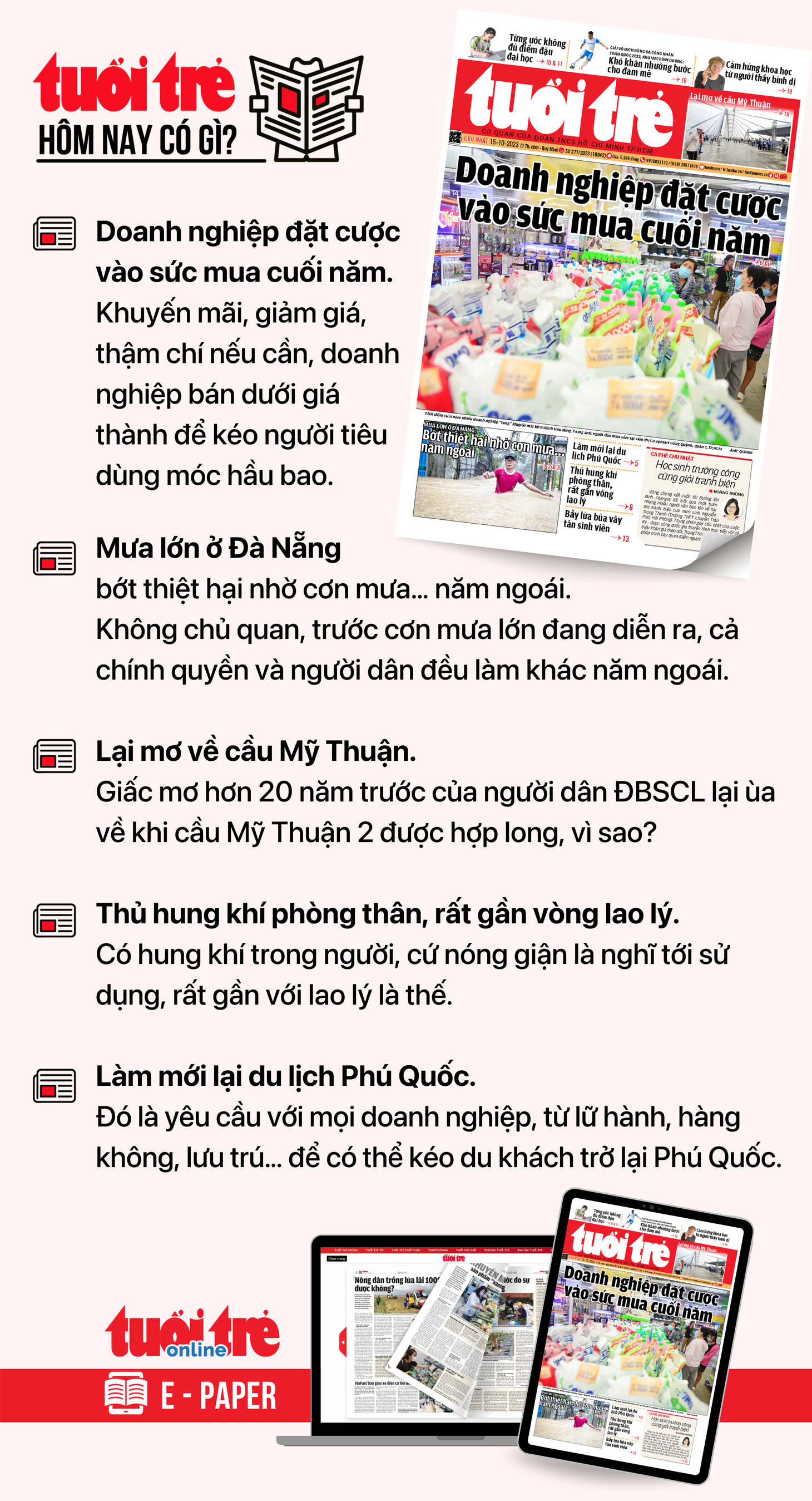 Tin tức chính trên Tuổi Trẻ nhật báo hôm nay 15-10. Để đọc Tuổi Trẻ báo in phiên bản E-paper, mời bạn đăng ký Tuổi Trẻ Sao TẠI ĐÂY