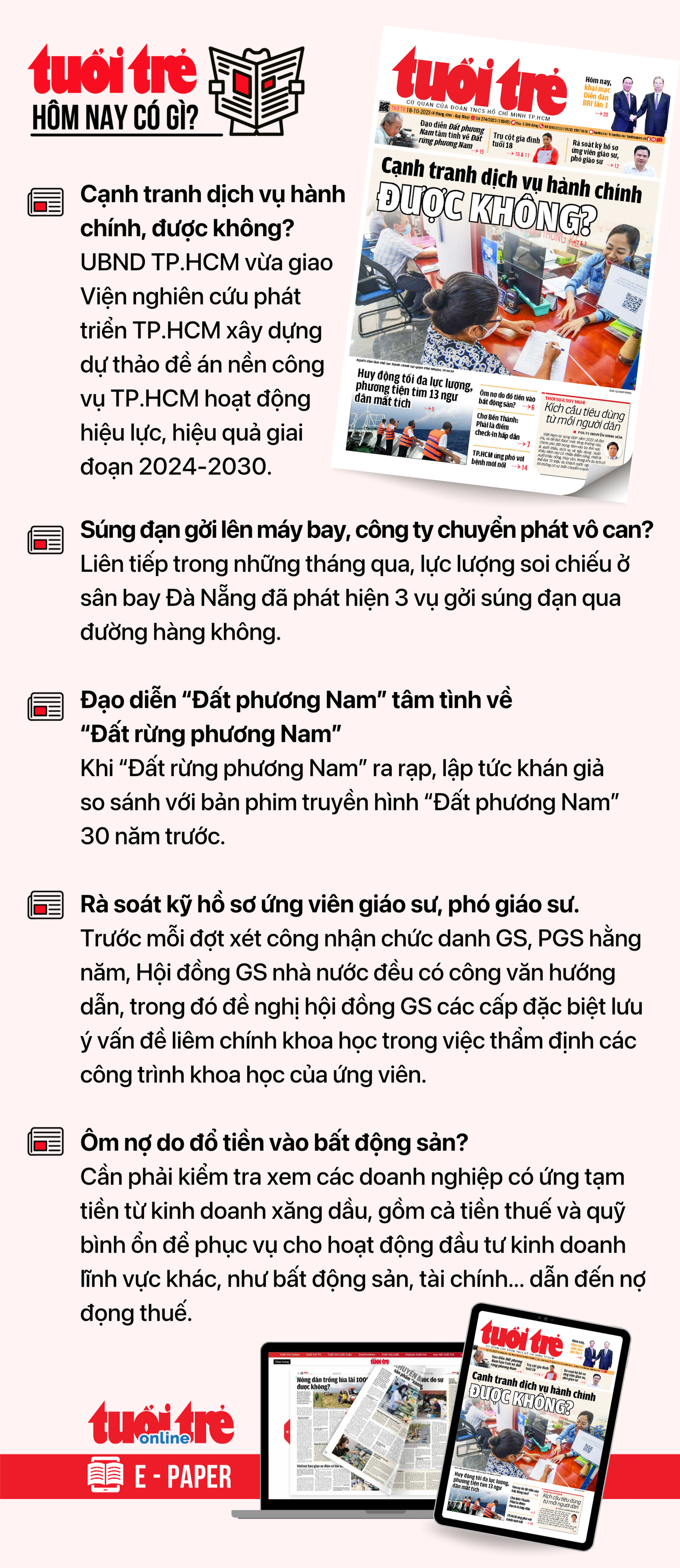 Tin tức chính trên Tuổi Trẻ nhật báo hôm nay 18-10. Để đọc Tuổi Trẻ báo in phiên bản E-paper, mời bạn đăng ký Tuổi Trẻ Sao TẠI ĐÂY