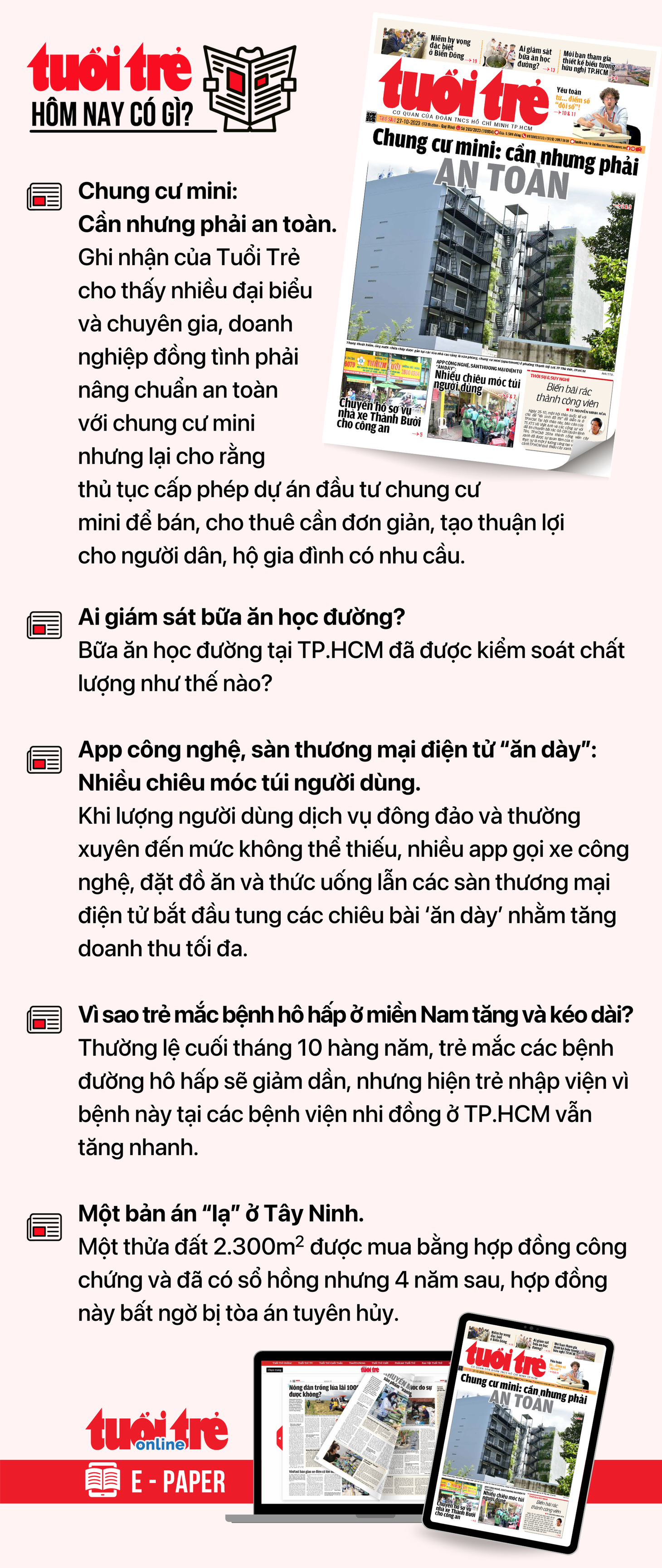 Tin tức chính trên Tuổi Trẻ nhật báo hôm nay 27-10. Để đọc Tuổi Trẻ báo in phiên bản E-paper, mời bạn đăng ký Tuổi Trẻ Sao TẠI ĐÂY
