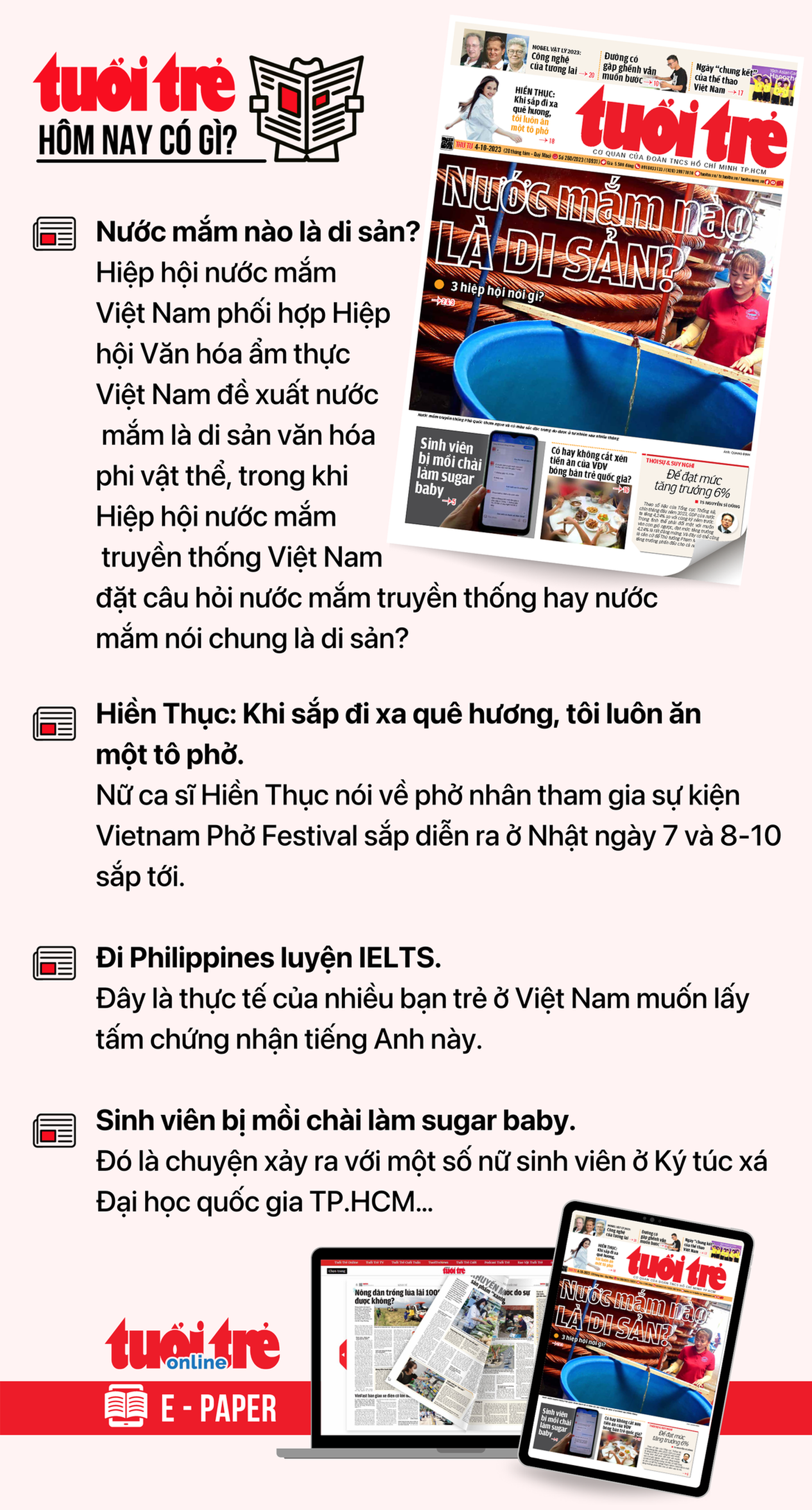 Tin tức chính trên Tuổi Trẻ nhật báo hôm nay 4-10. Để đọc Tuổi Trẻ báo in phiên bản E-paper, mời bạn đăng ký Tuổi Trẻ Sao&nbsp;TẠI ĐÂY