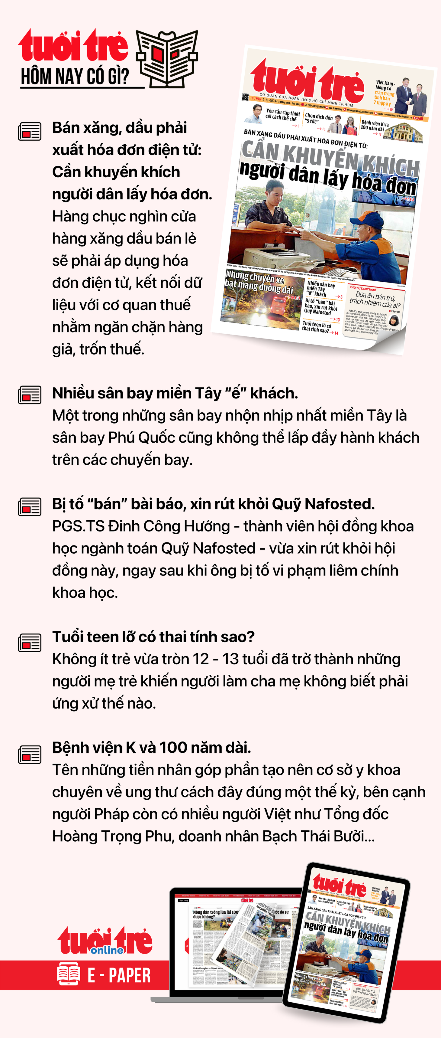 Tin tức chính trên Tuổi Trẻ nhật báo hôm nay 2-11. Để đọc Tuổi Trẻ báo in phiên bản E-paper, mời bạn đăng ký Tuổi Trẻ Sao TẠI ĐÂY