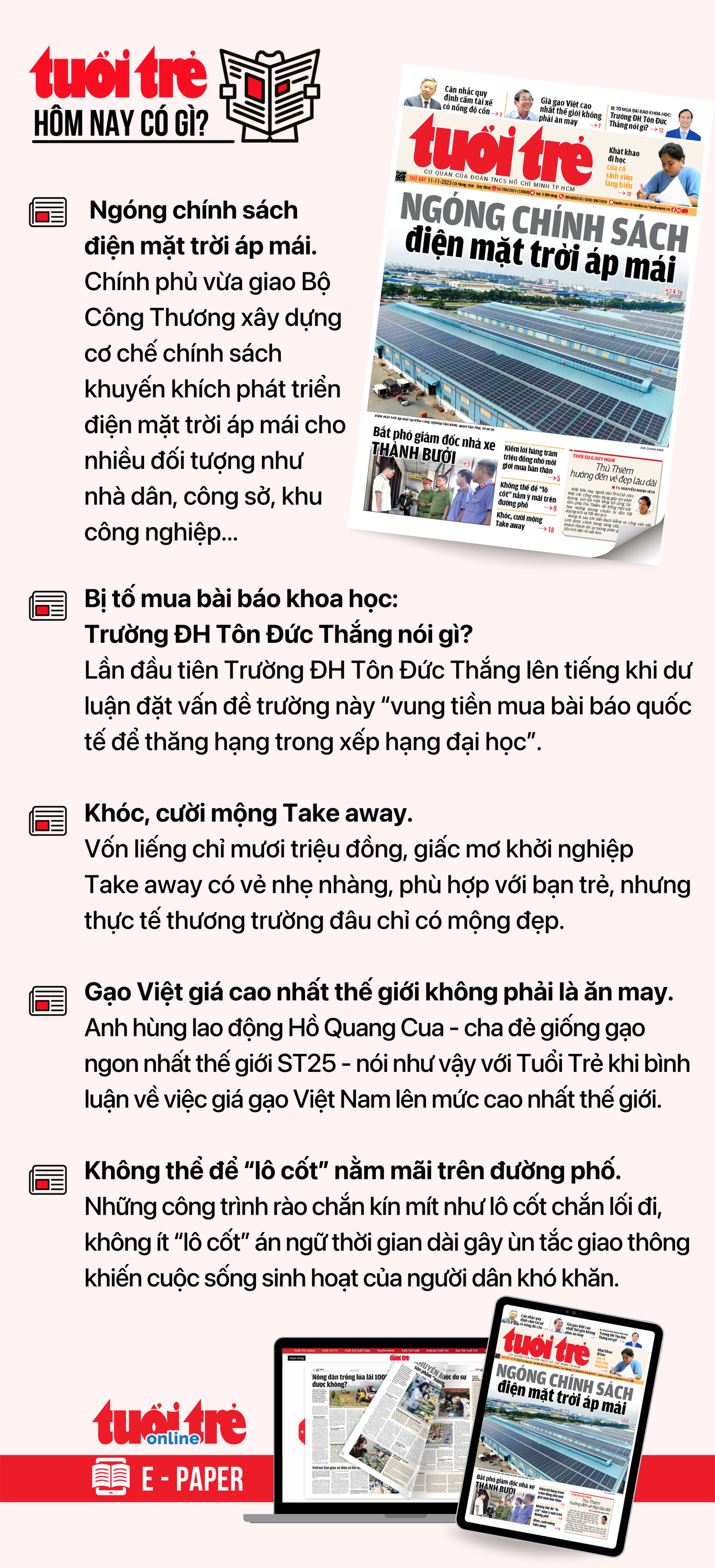 Tin tức chính trên Tuổi Trẻ nhật báo hôm nay 11-11. Để đọc Tuổi Trẻ báo in phiên bản E-paper, mời bạn đăng ký Tuổi Trẻ Sao TẠI ĐÂY