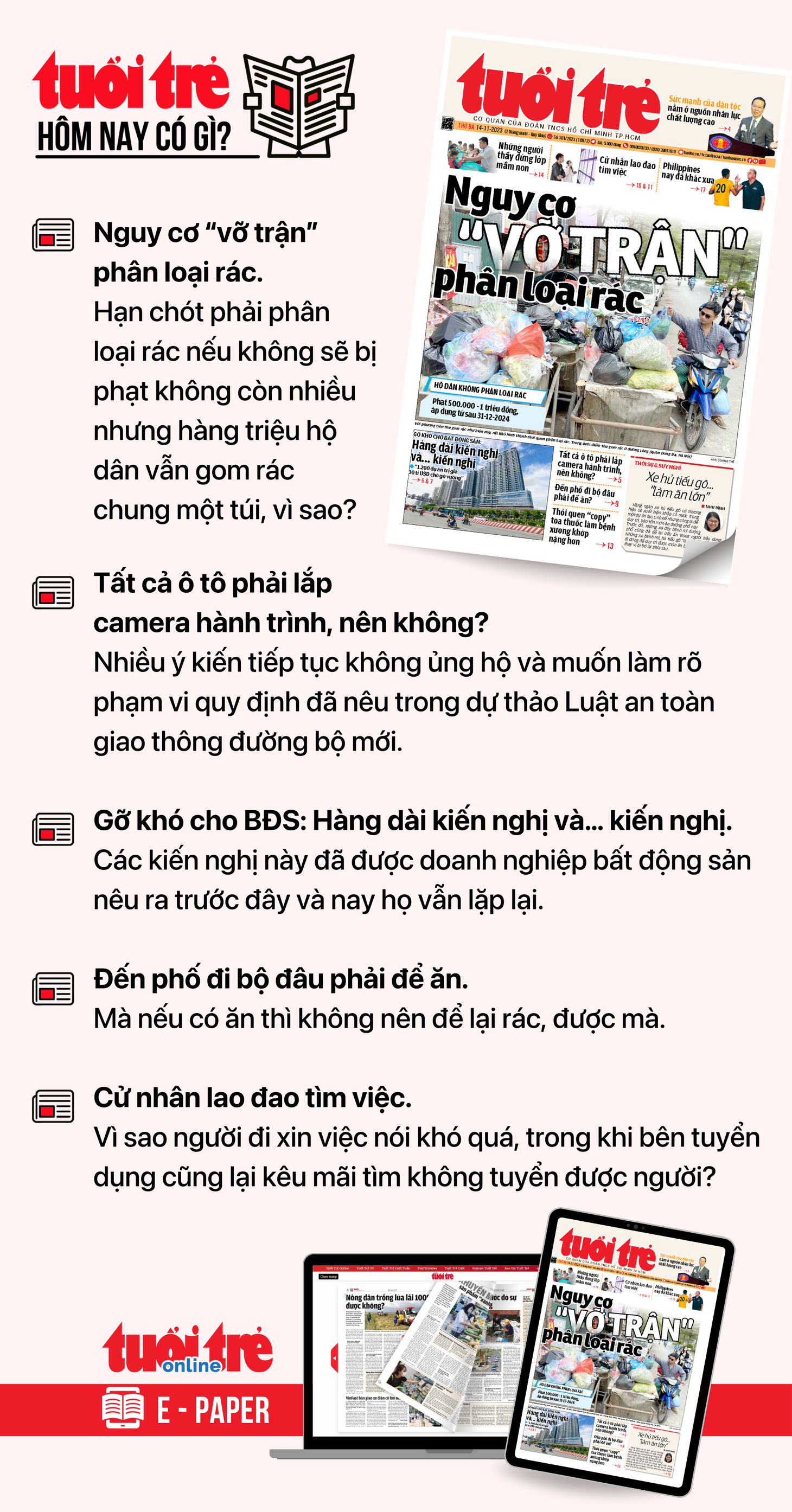 Tin tức chính trên Tuổi Trẻ nhật báo hôm nay 14-11. Để đọc Tuổi Trẻ báo in phiên bản E-paper, mời bạn đăng ký Tuổi Trẻ Sao TẠI ĐÂY