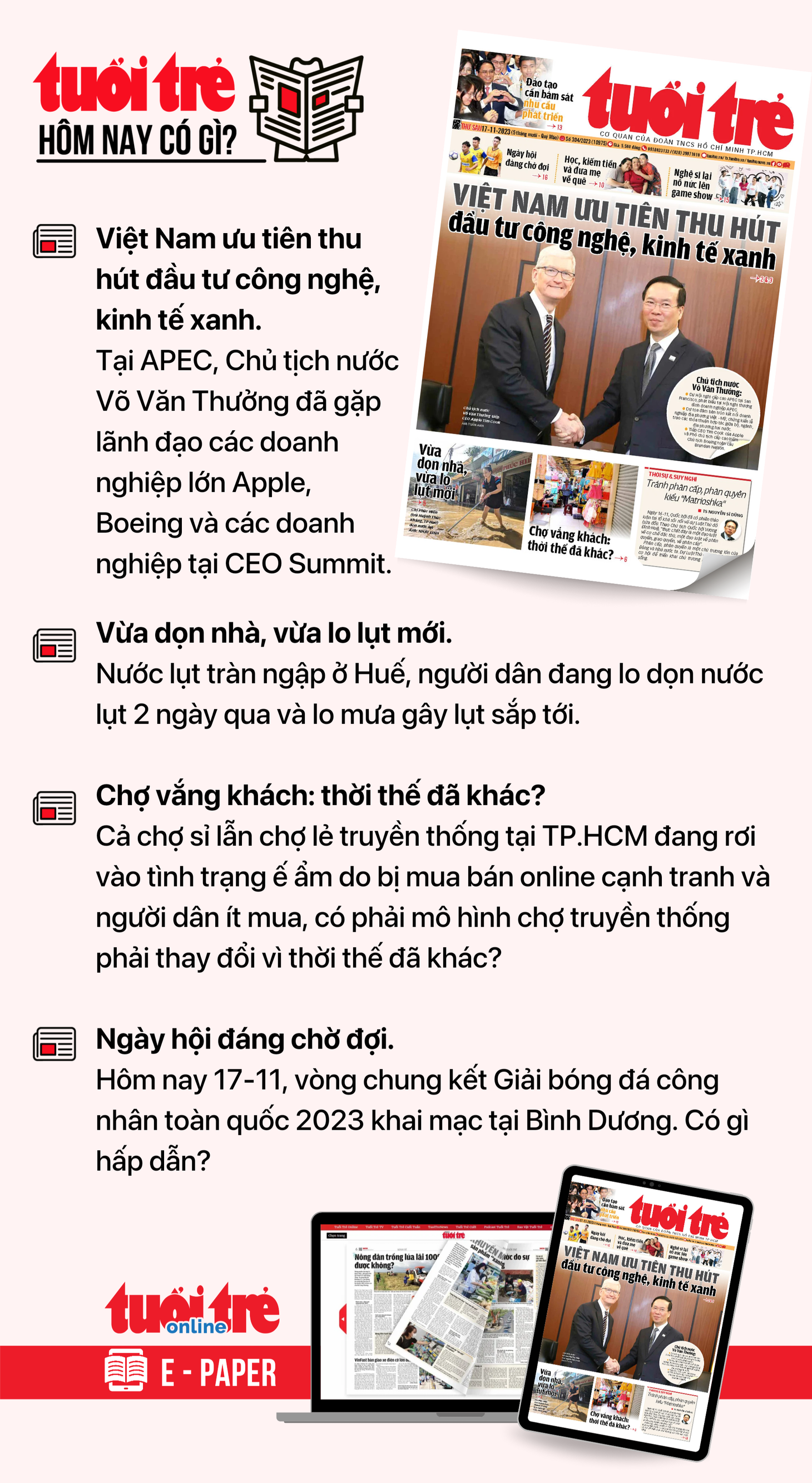 Tin tức chính trên Tuổi Trẻ nhật báo hôm nay 17-11. Để đọc Tuổi Trẻ báo in phiên bản E-paper, mời bạn đăng ký Tuổi Trẻ Sao TẠI ĐÂY
