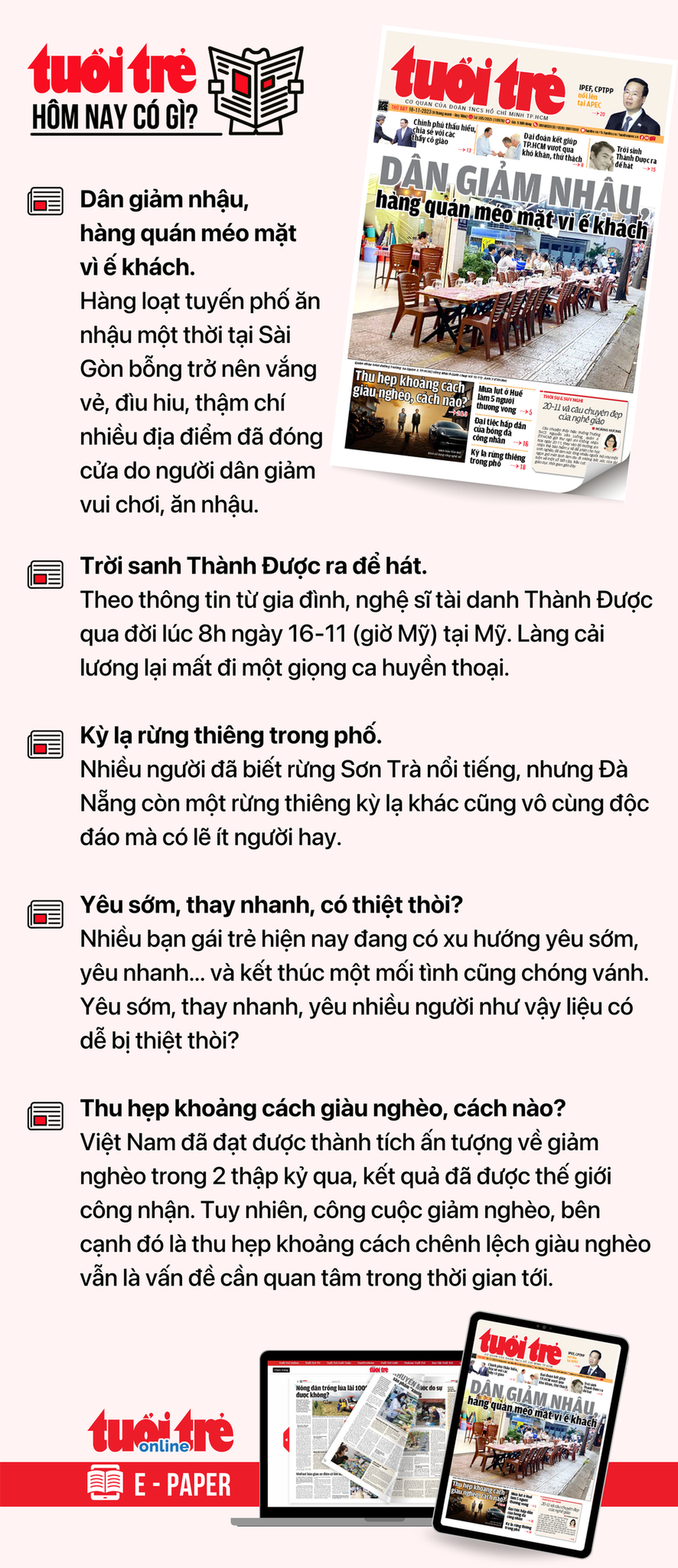 Tin tức chính trên Tuổi Trẻ nhật báo hôm nay 18-11. Để đọc Tuổi Trẻ báo in phiên bản E-paper, mời bạn đăng ký Tuổi Trẻ Sao TẠI ĐÂY