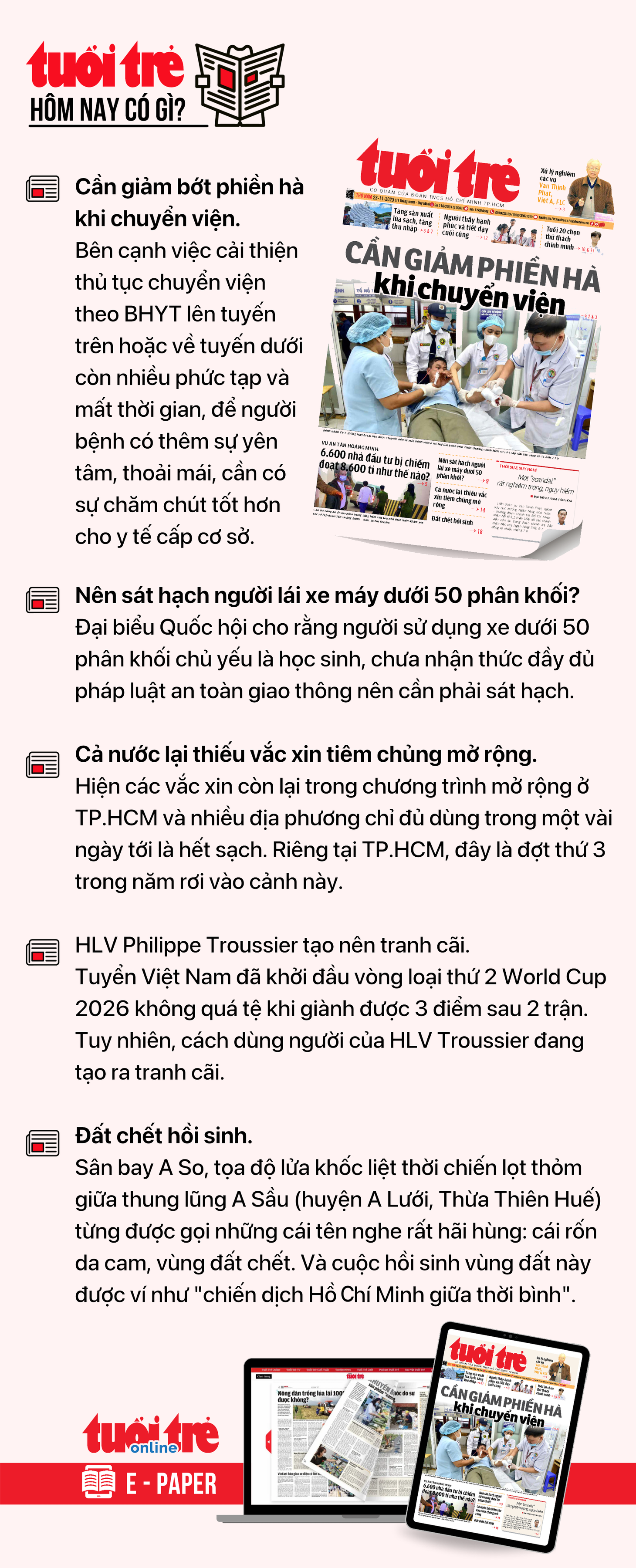 Tin tức chính trên Tuổi Trẻ nhật báo hôm nay 23-11. Để đọc Tuổi Trẻ báo in phiên bản E-paper, mời bạn đăng ký Tuổi Trẻ Sao TẠI ĐÂY