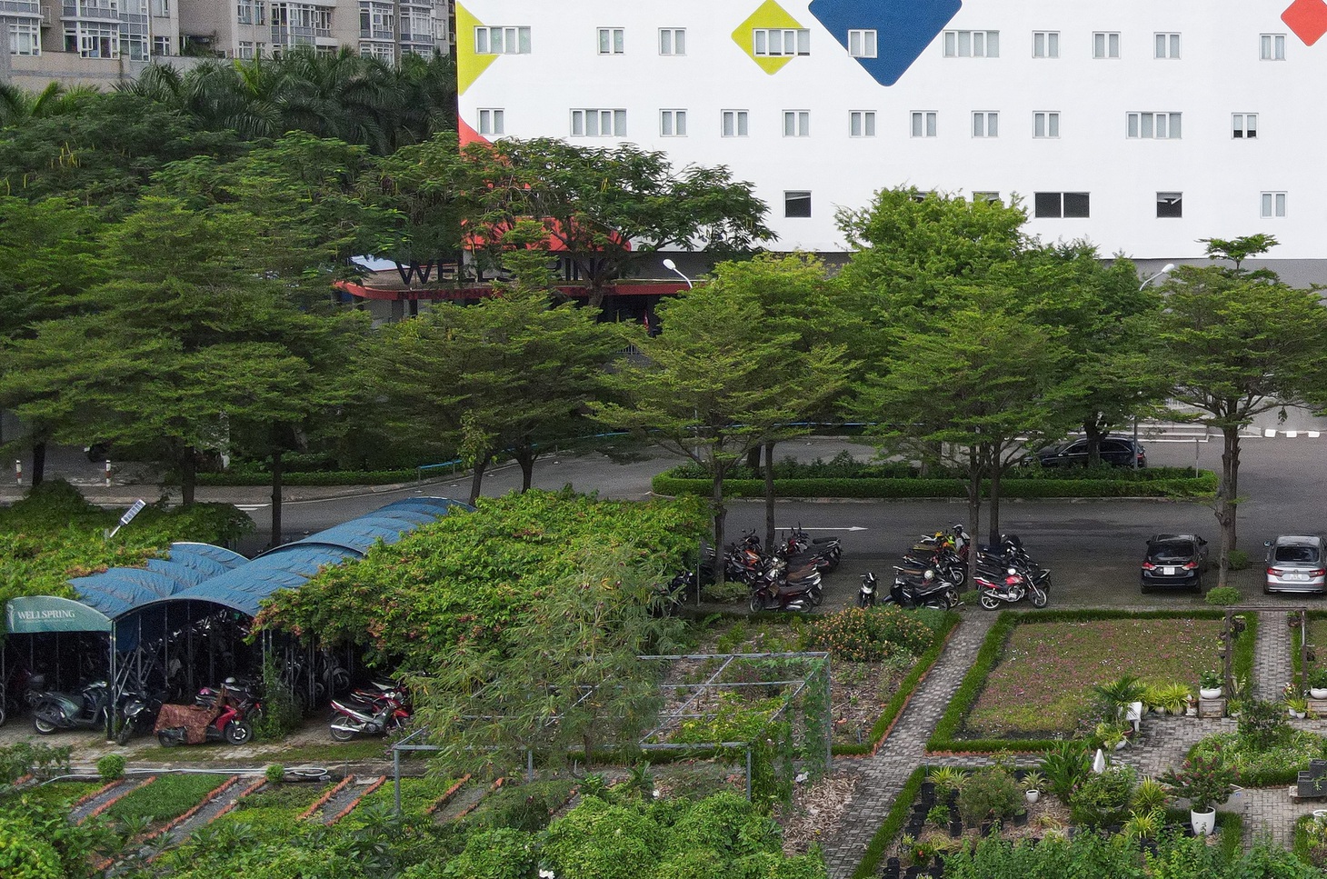 Xe máy, xe ô tô được xếp đầy ở khu vực ven sông Sài Gòn (đoạn gần bức tường ngăn cách hai khu dân cư) được báo Tuổi Trẻ ghi nhận chiều 3-11
