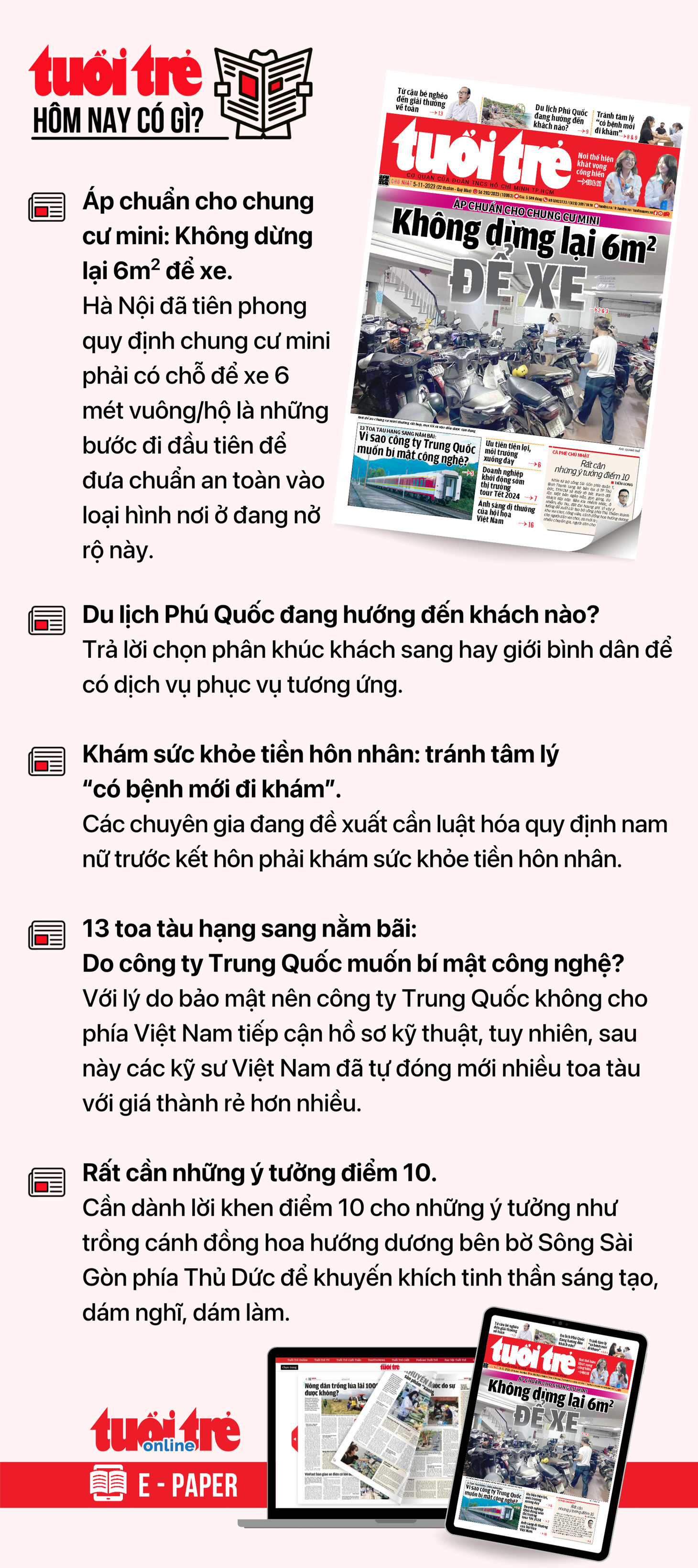 Tin tức chính trên Tuổi Trẻ nhật báo hôm nay 5-11. Để đọc Tuổi Trẻ báo in phiên bản E-paper, mời bạn đăng ký Tuổi Trẻ Sao TẠI ĐÂY