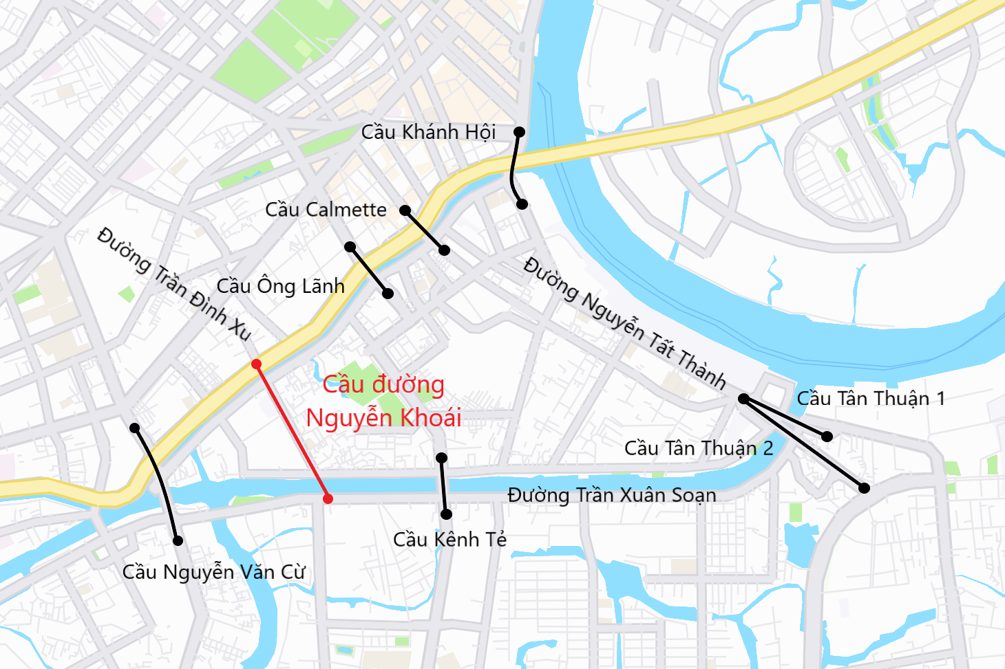 Quận 4 có địa giới như một cù lao hình tam giác, xung quanh đều là sông và kênh rạch. Hiện nay, quận 4 kết nối với quận 7 thông qua cầu Kênh Tẻ, Tân Thuận 1 và Tân Thuận 2; kết nối với quận 1 bằng cầu Ông Lãnh, Calmette và Khánh Hội. Quận 1 và quận 5 kết nối quận 4 và quận 8 thông qua cầu Nguyễn Văn Cừ. Vào giờ cao điểm, tình trạng ùn tắc giao thông xuất hiện tại các vị trí kết nối nêu trên và đường Nguyễn Tất Thành. Do đó, dự án cầu đường Nguyễn Khoái được kỳ vọng sẽ giảm áp lực giao thông tại khu vực này, tăng kết nối khu Nam với trung tâm TP - Đồ họa: PHƯƠNG NHI