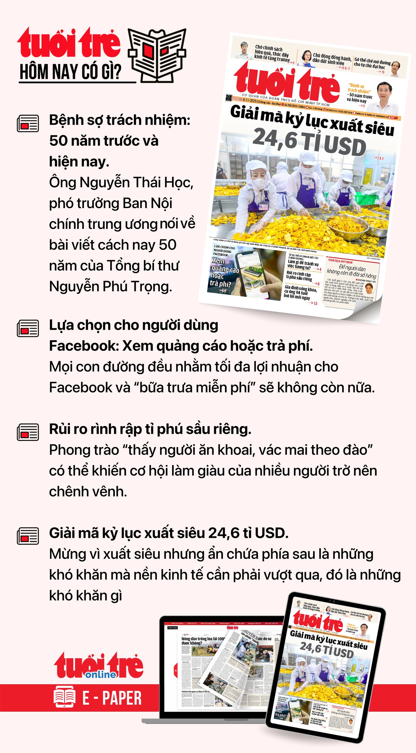 Tin tức đáng chú ý trên Tuổi Trẻ nhật báo ngày 6-11. Để đọc Tuổi Trẻ báo in phiên bản E-paper, mời bạn đăng ký Tuổi Trẻ Sao&nbsp;TẠI ĐÂY