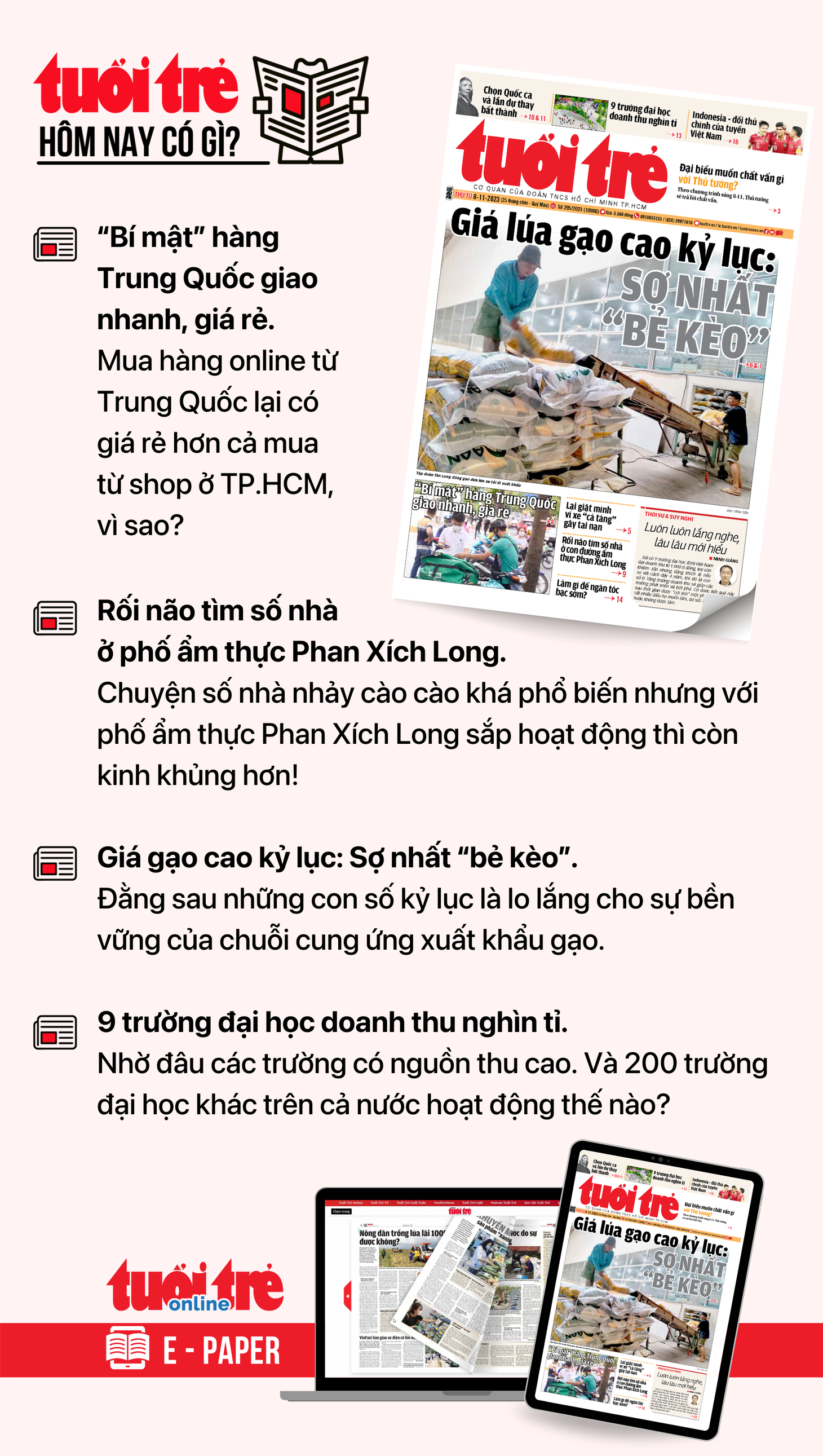 Tin tức chính trên Tuổi Trẻ nhật báo hôm nay 8-11. Để đọc Tuổi Trẻ báo in phiên bản E-paper, mời bạn đăng ký Tuổi Trẻ Sao TẠI ĐÂY