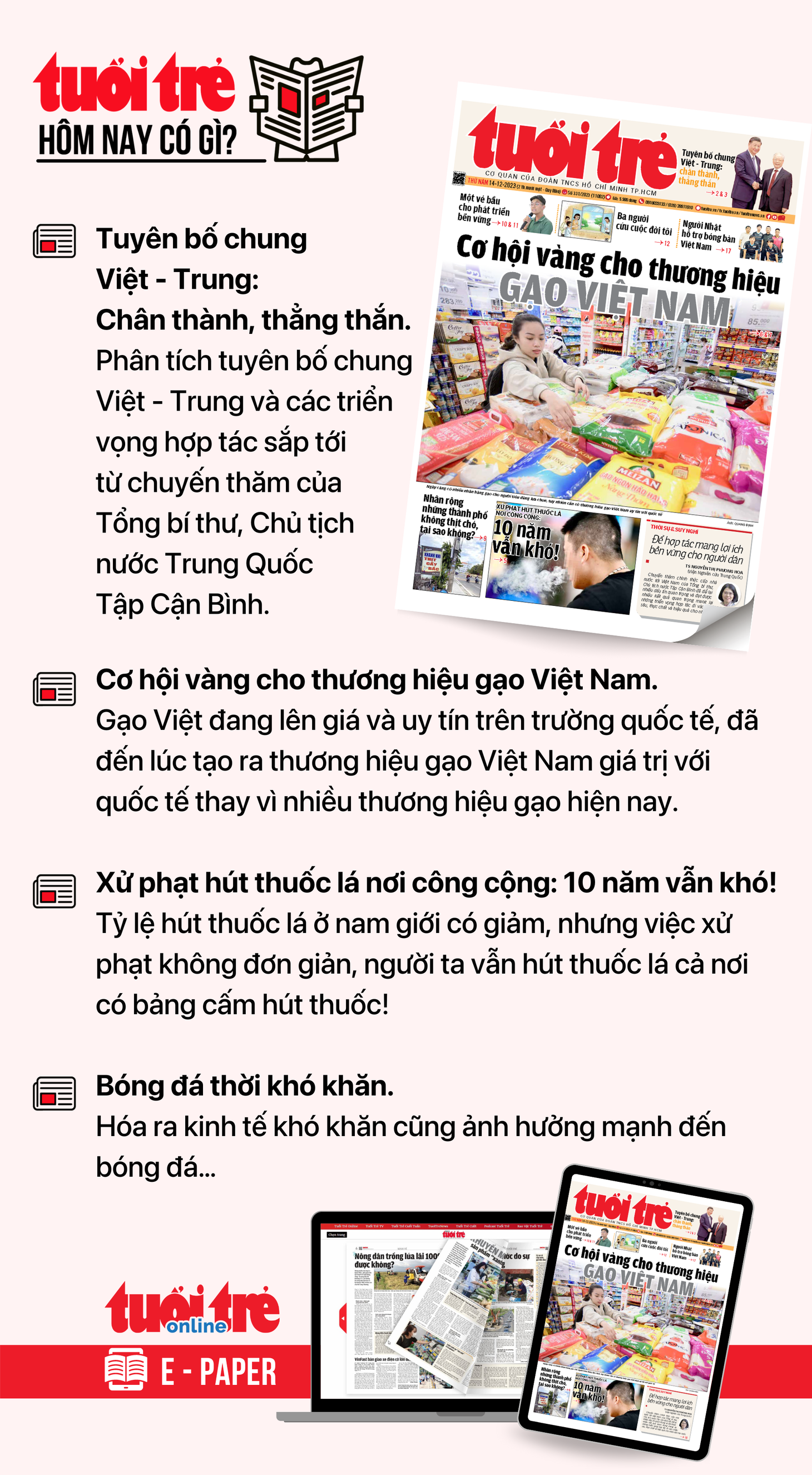 Tin tức chính trên Tuổi Trẻ nhật báo hôm nay 14-12. Để đọc Tuổi Trẻ báo in phiên bản E-paper, mời bạn đăng ký Tuổi Trẻ Sao TẠI ĐÂY
