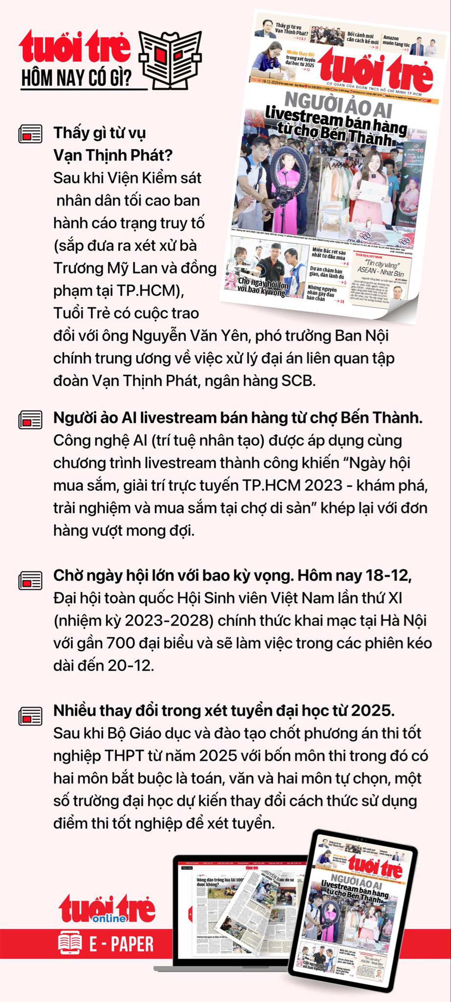 Tin tức chính trên Tuổi Trẻ nhật báo hôm nay 18-12. Để đọc Tuổi Trẻ báo in phiên bản E-paper, mời bạn đăng ký Tuổi Trẻ Sao&nbsp;TẠI ĐÂY