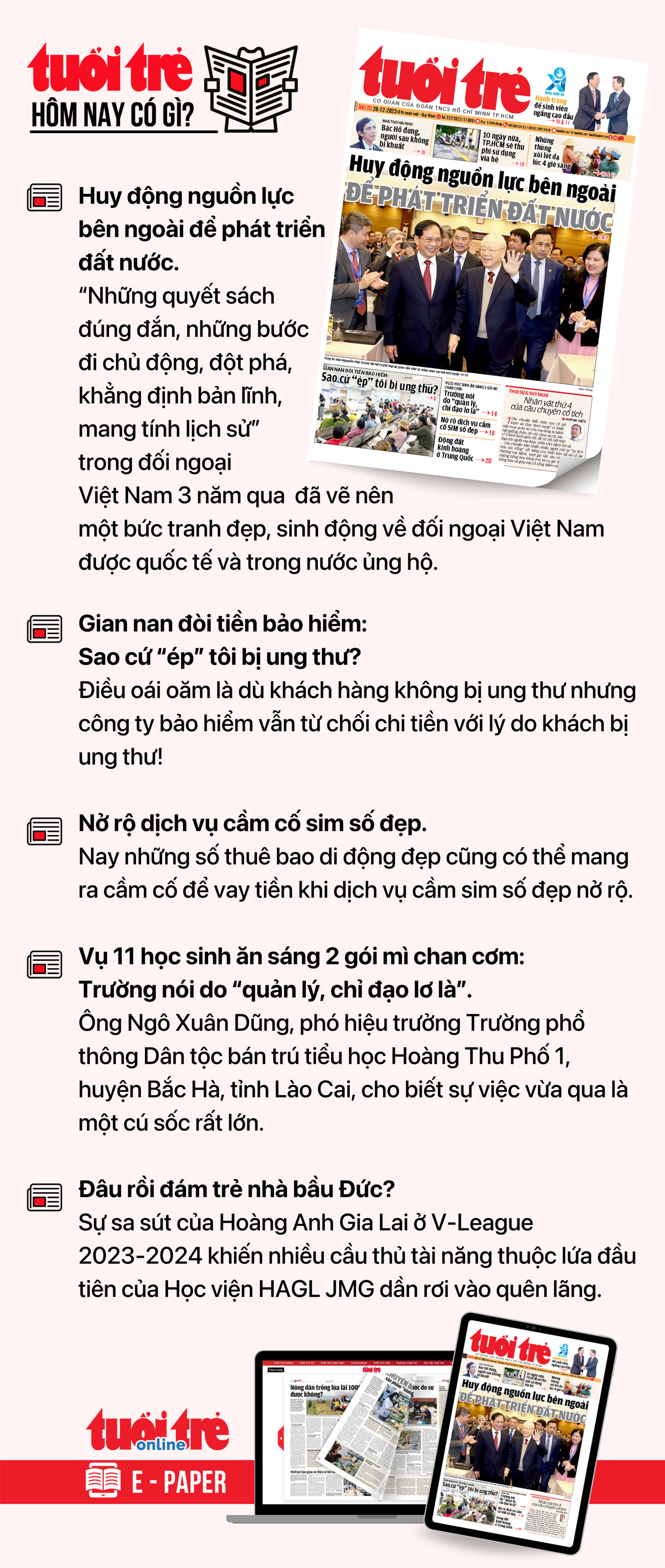 Tin tức chính trên Tuổi Trẻ nhật báo hôm nay 20-12. Để đọc Tuổi Trẻ báo in phiên bản E-paper, mời bạn&nbsp;đăng ký Tuổi Trẻ Sao TẠI ĐÂY