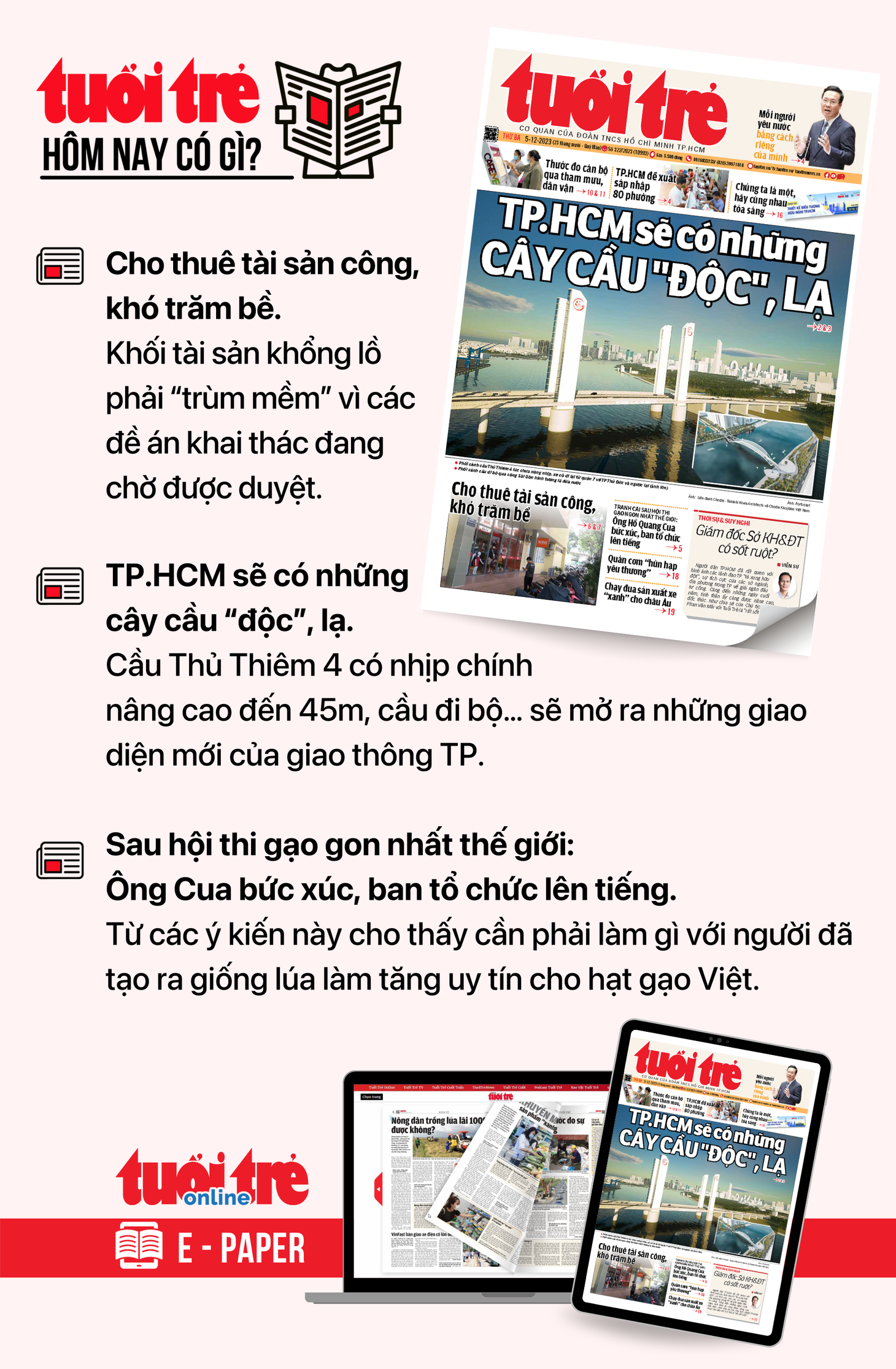 Tin tức chính trên Tuổi Trẻ nhật báo hôm nay 5-12. Để đọc Tuổi Trẻ báo in phiên bản E-paper, mời bạn đăng ký Tuổi Trẻ Sao TẠI ĐÂY