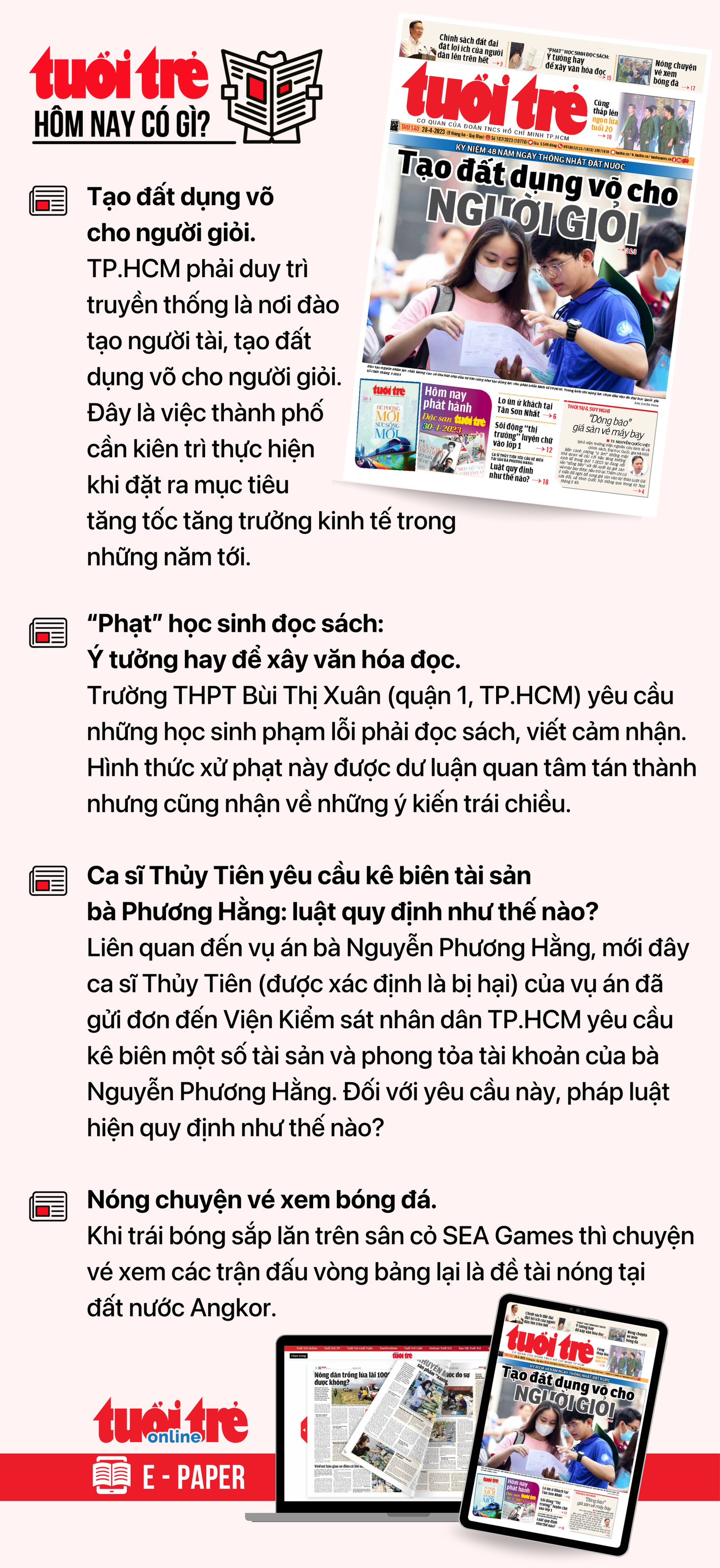 Tin tức chính trên Tuổi Trẻ nhật báo hôm nay 28-4. Để đọc Tuổi Trẻ báo in phiên bản E-paper, mời bạn đăng ký Tuổi Trẻ Sao&nbsp;TẠI ĐÂY