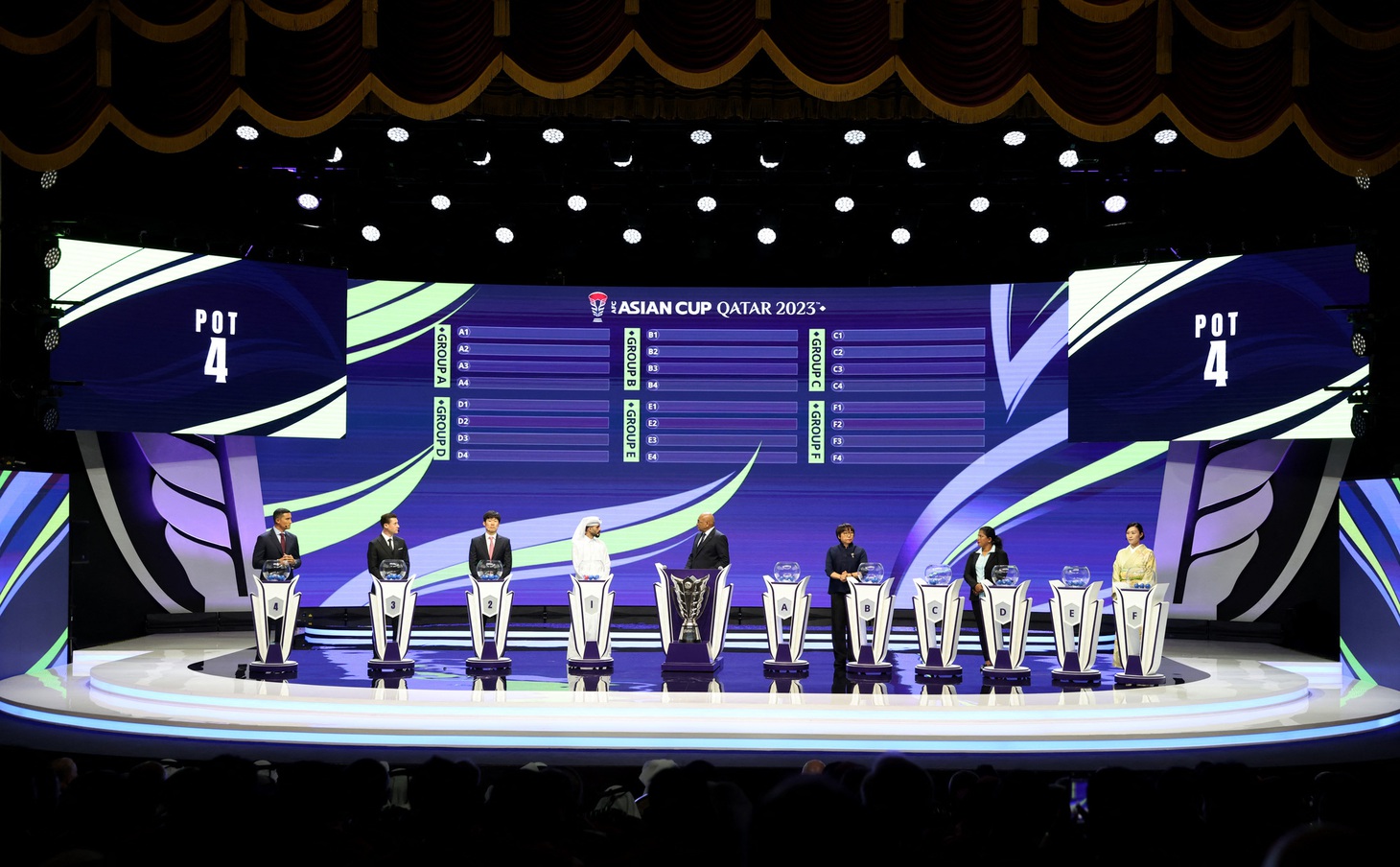 Các khách mời tiến hành bốc thăm chia bảng Asian Cup 2023 - Ảnh: REUTERS