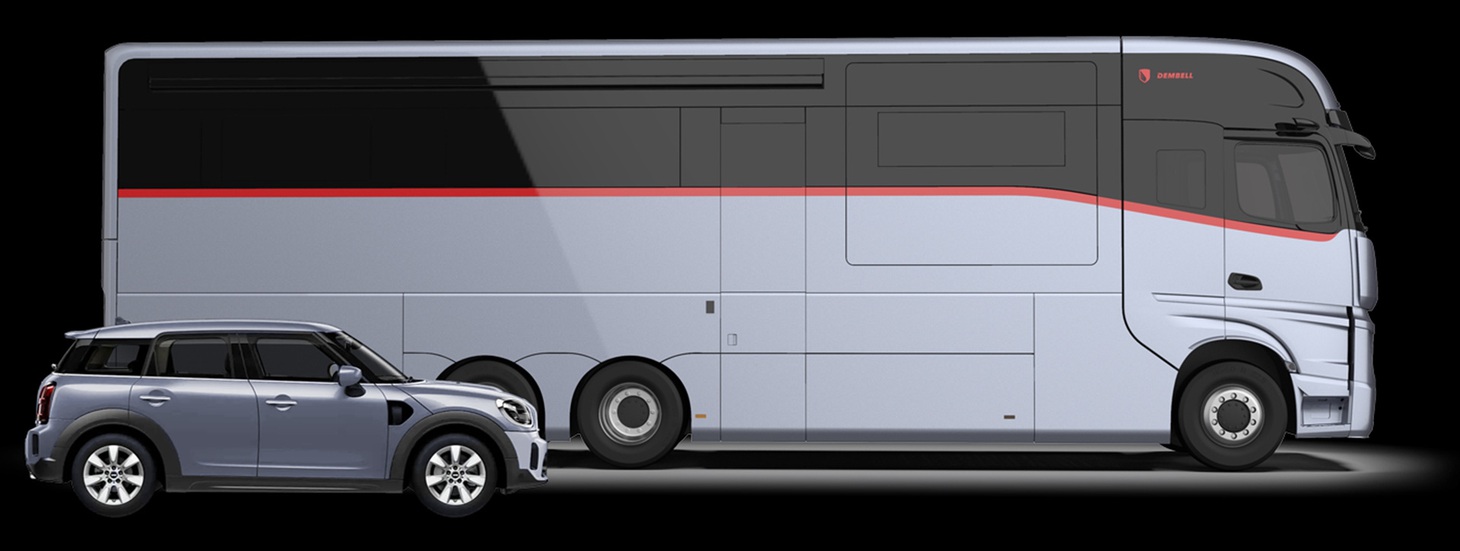 Nặng 23 tấn, dài 12m, cao 4m và rộng 2,5m, diện tích 30m2, Dembell Motorhome M Large Garage được ví như "du thuyền trên cạn". Xe sử dụng động cơ 12.8L, 530 mã lực. Mái nhà có 6 tấm pin mặt trời, mỗi tấm công suất 330W, nối với 5 pin li-ion, mỗi pin 200 Ah
