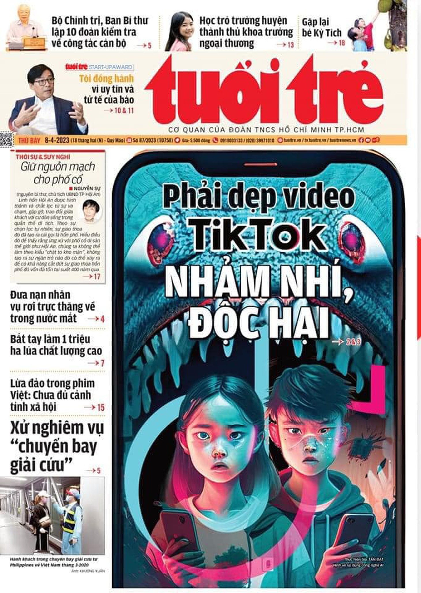 Trang nhất nhật báo Tuổi Trẻ số ra 8-4-2023 với hình ảnh được thực hiện bằng công nghệ AI