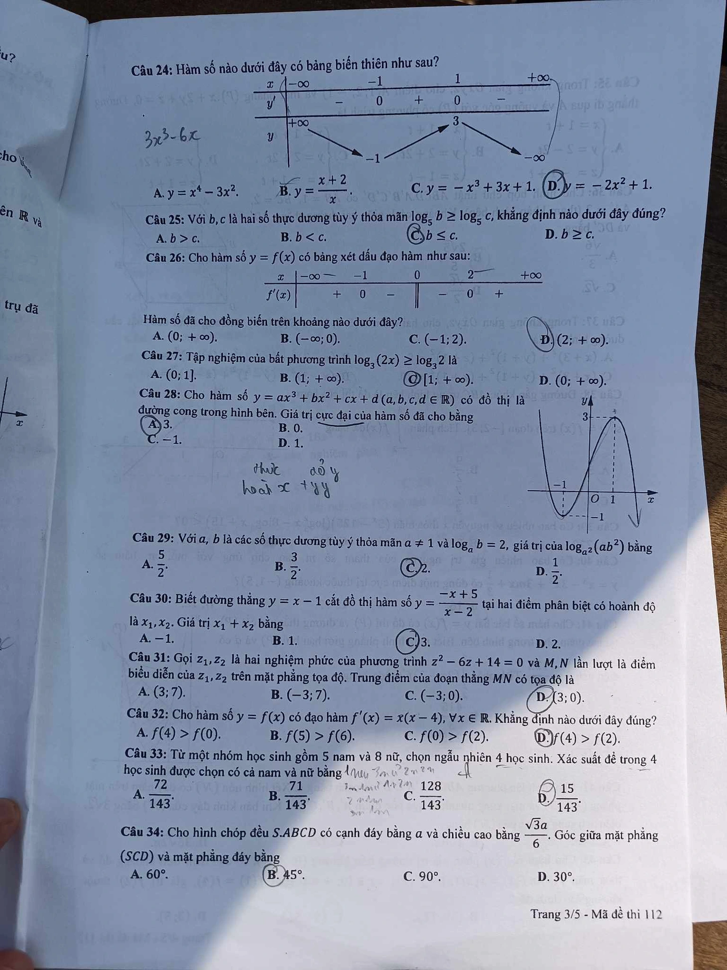 Đề thi toán, mã đề 112