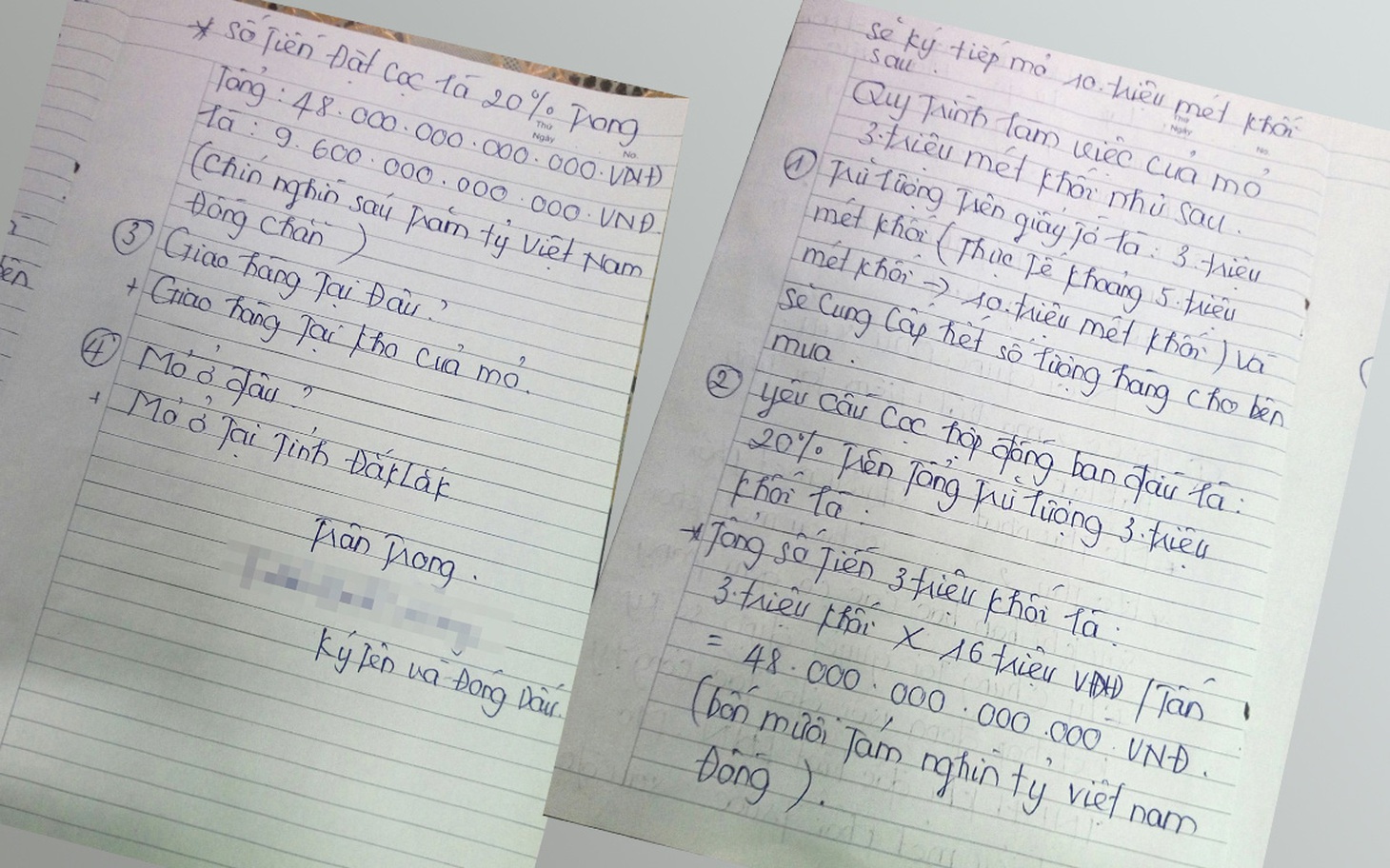 Tờ giấy "bà trùm" môi giới T. ghi nội dung yêu cầu gửi cho chủ mỏ V. ở Đắk Lắk để soạn thảo hợp đồng đặt cọc