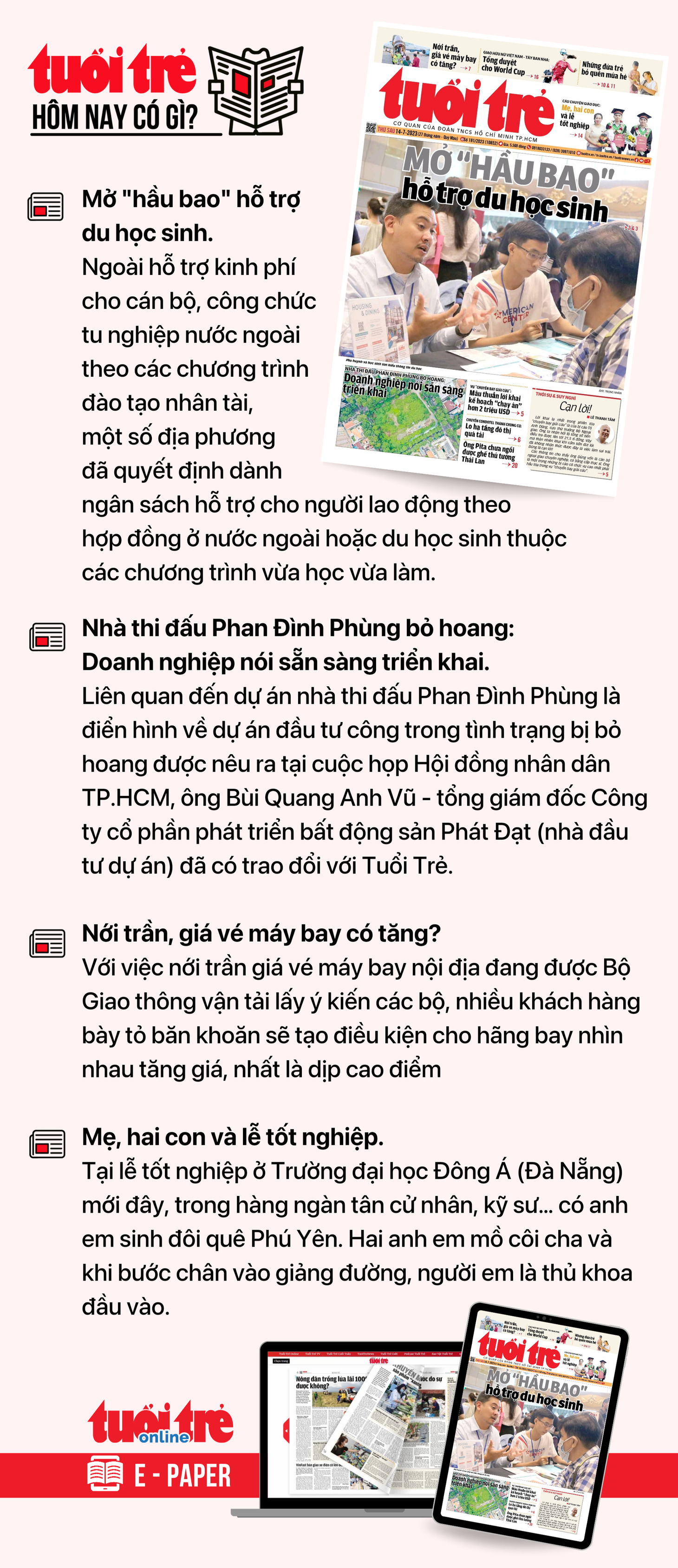 Tin tức chính trên Tuổi Trẻ nhật báo hôm nay 14-7. Để đọc Tuổi Trẻ báo in phiên bản E-paper, mời bạn đăng ký Tuổi Trẻ Sao TẠI ĐÂY
