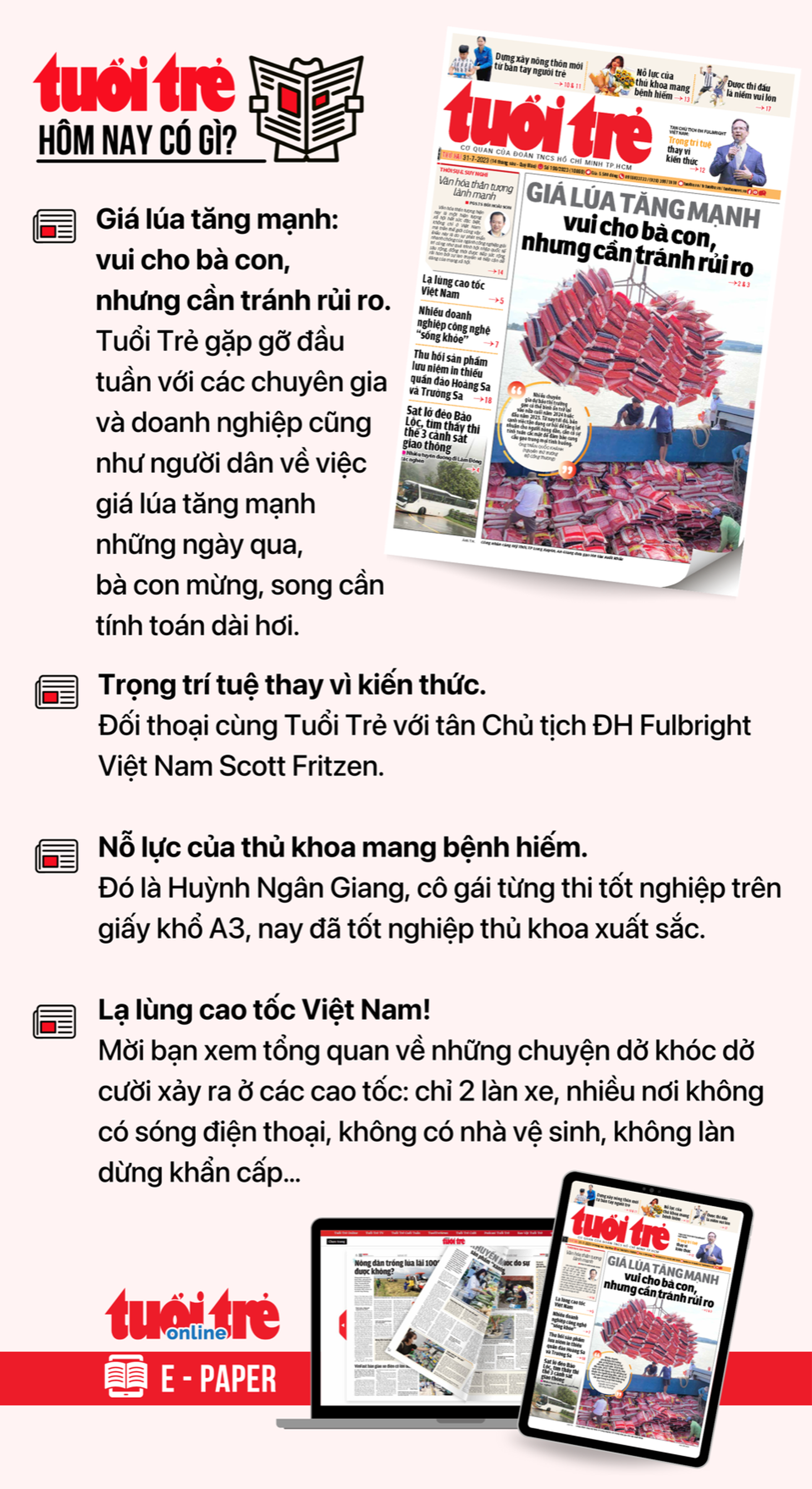 Tin tức chính trên Tuổi Trẻ nhật báo hôm nay 31-7. Để đọc Tuổi Trẻ báo in phiên bản E-paper, mời bạn đăng ký Tuổi Trẻ Sao TẠI ĐÂY